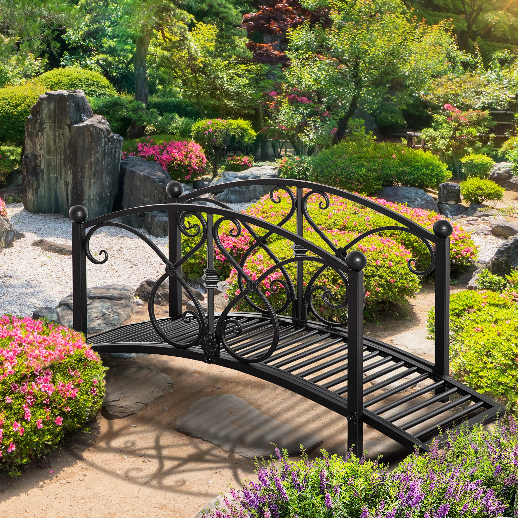 3.3FT Metal Arch Bridge with Safety Siderails, Delicate Floral Scrollwork for Stream, Black - Image 4