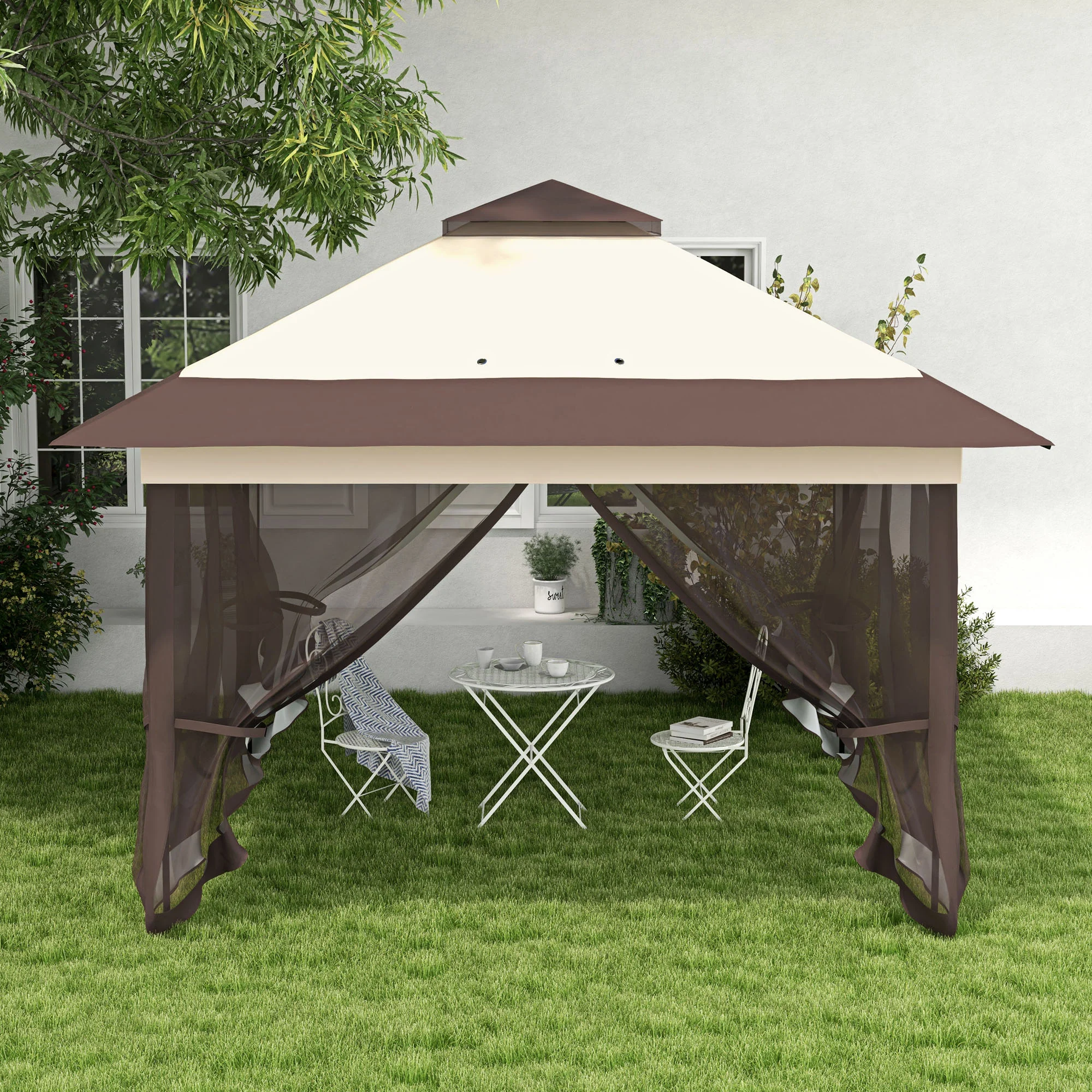3.6 x 3.6 m Pop up Gazebo, Height Adjustable Party Tent with Netting & Wheeled Carry Bag, Khaki - Image 11