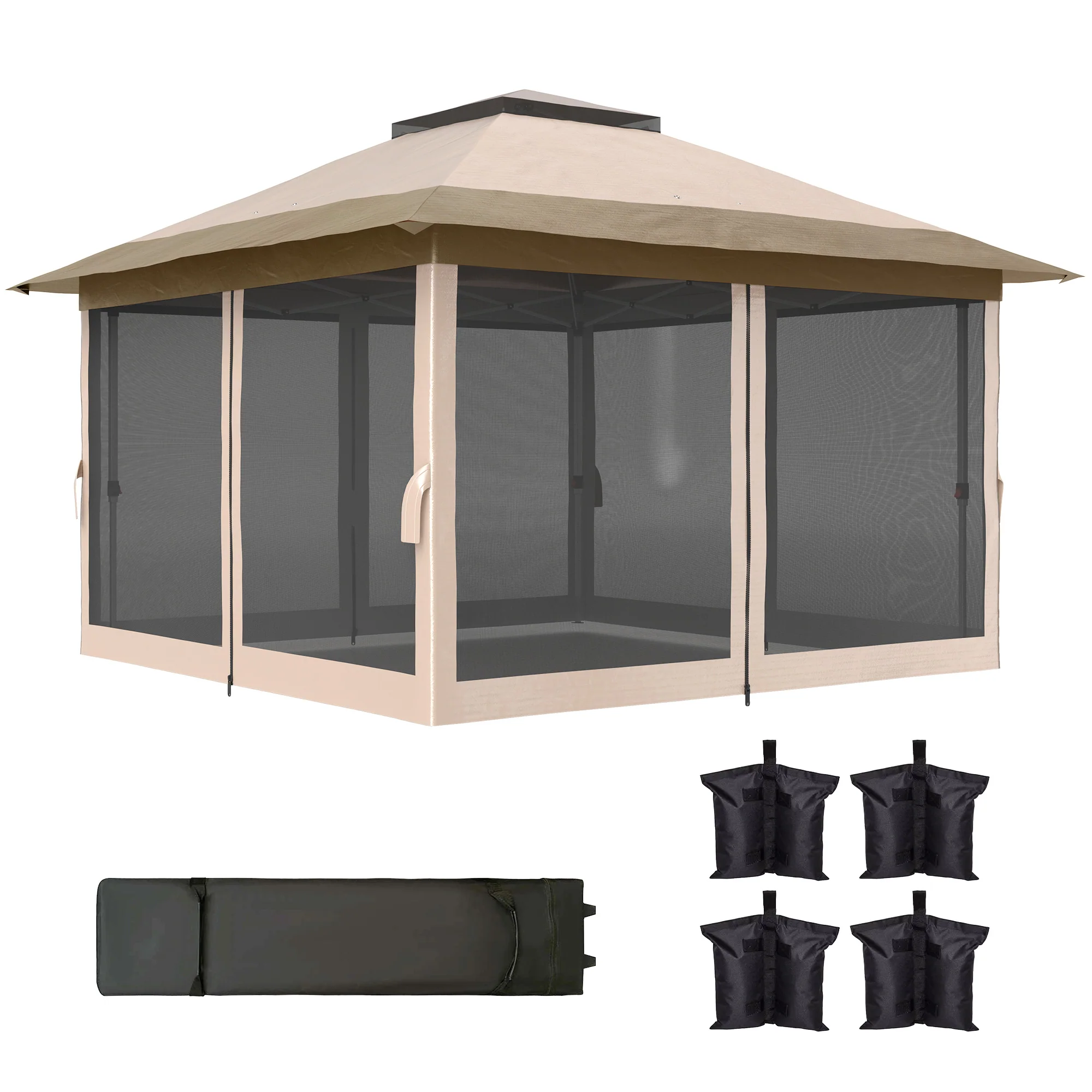 3.6 x 3.6m Pop Up Gazebo with Mesh Sides, Wheeled Carry Bag and Sand Bags, Beige - Image 4