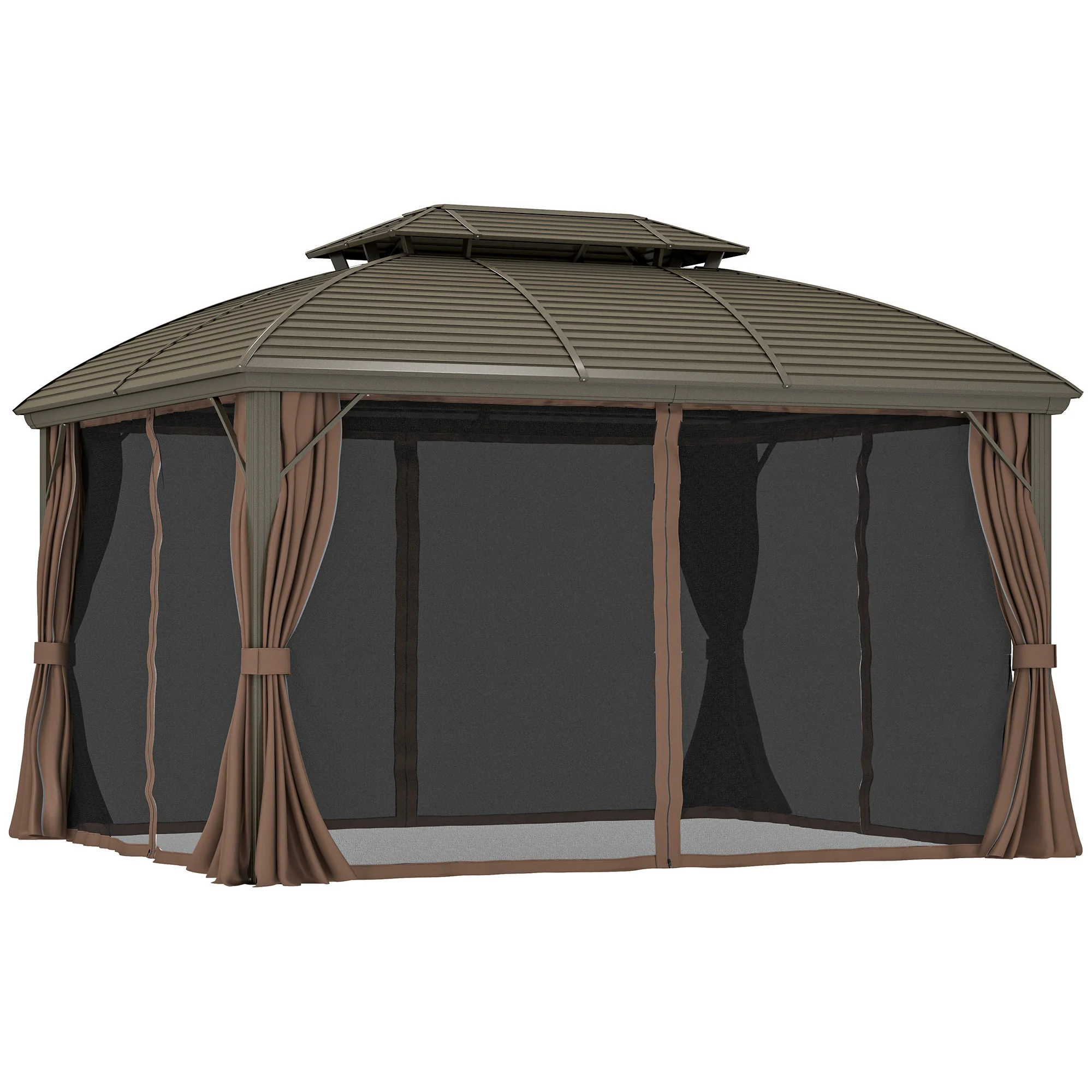 3.65 x 3m Hardtop Steel Gazebo Canopy with Double Roof, Net Sidewalls & Curtains, Coffee