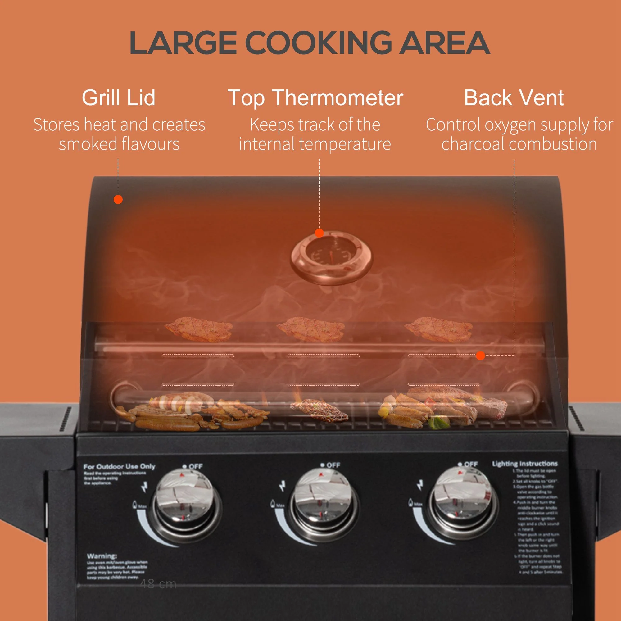 3-Burner Gas Grill with Warming Rack & Storage Cabinet, Thermometer Included, Black - Image 7