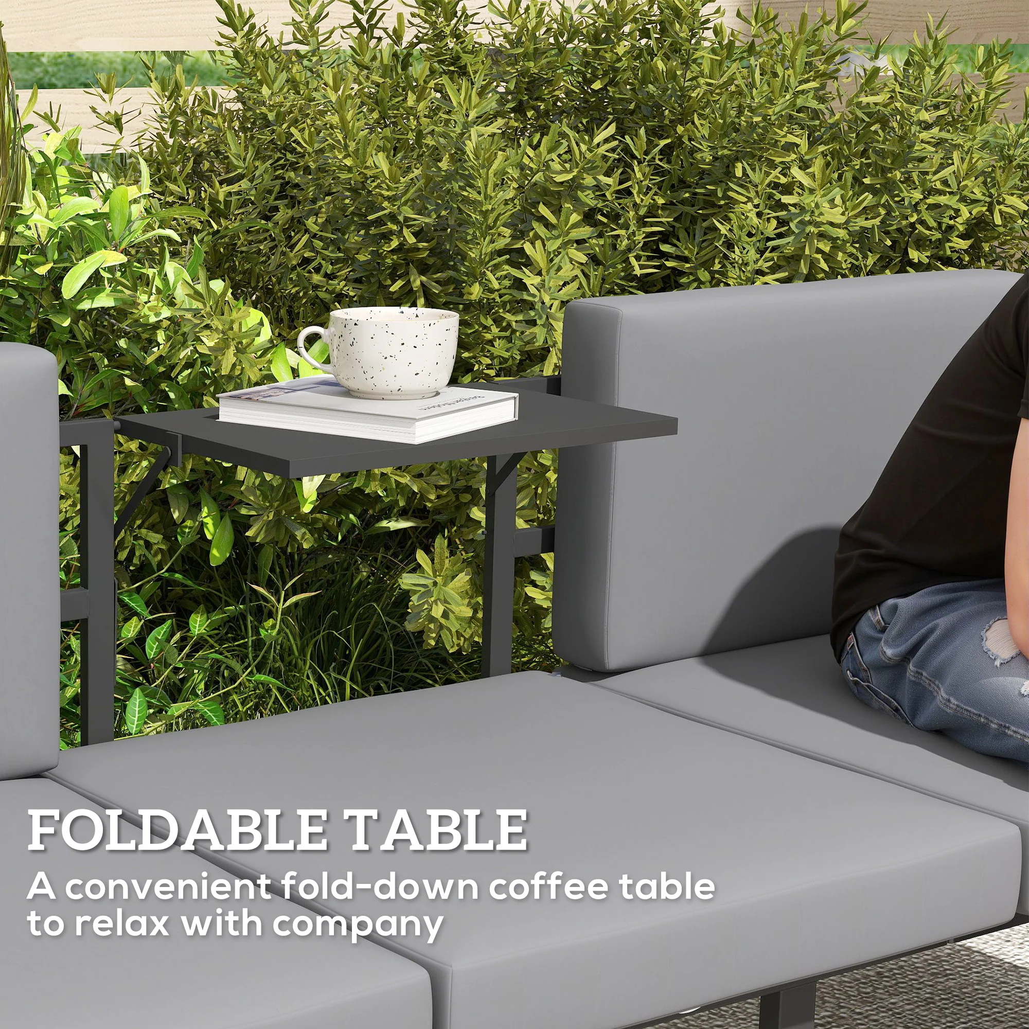 3-Seater Outdoor Sofa, 3-in-1 Lounge Chair with 5-Position Adjustable Back, Grey - Image 8