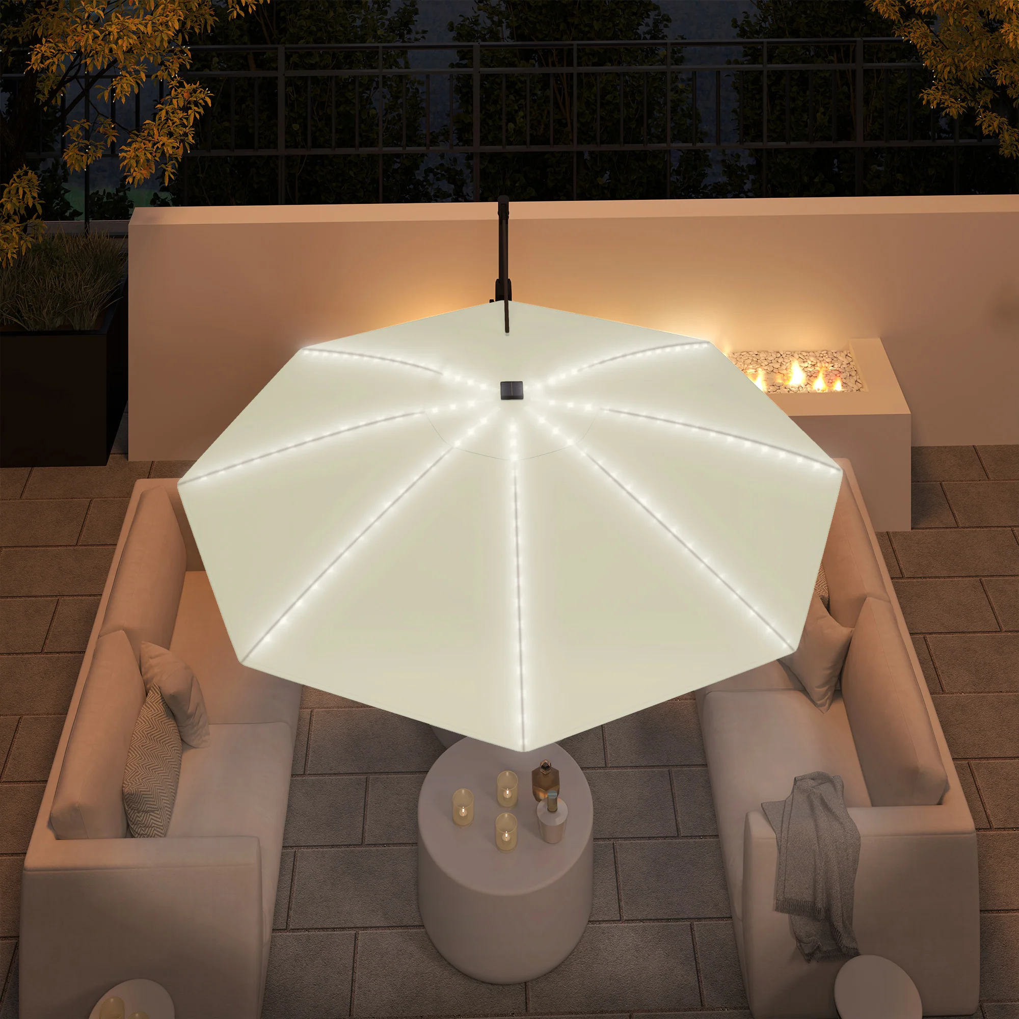 3m 360° Rotation Overhanging Parasol with Lights, Crank Handle & Cross Base, UPF 50+, Cream - Image 11