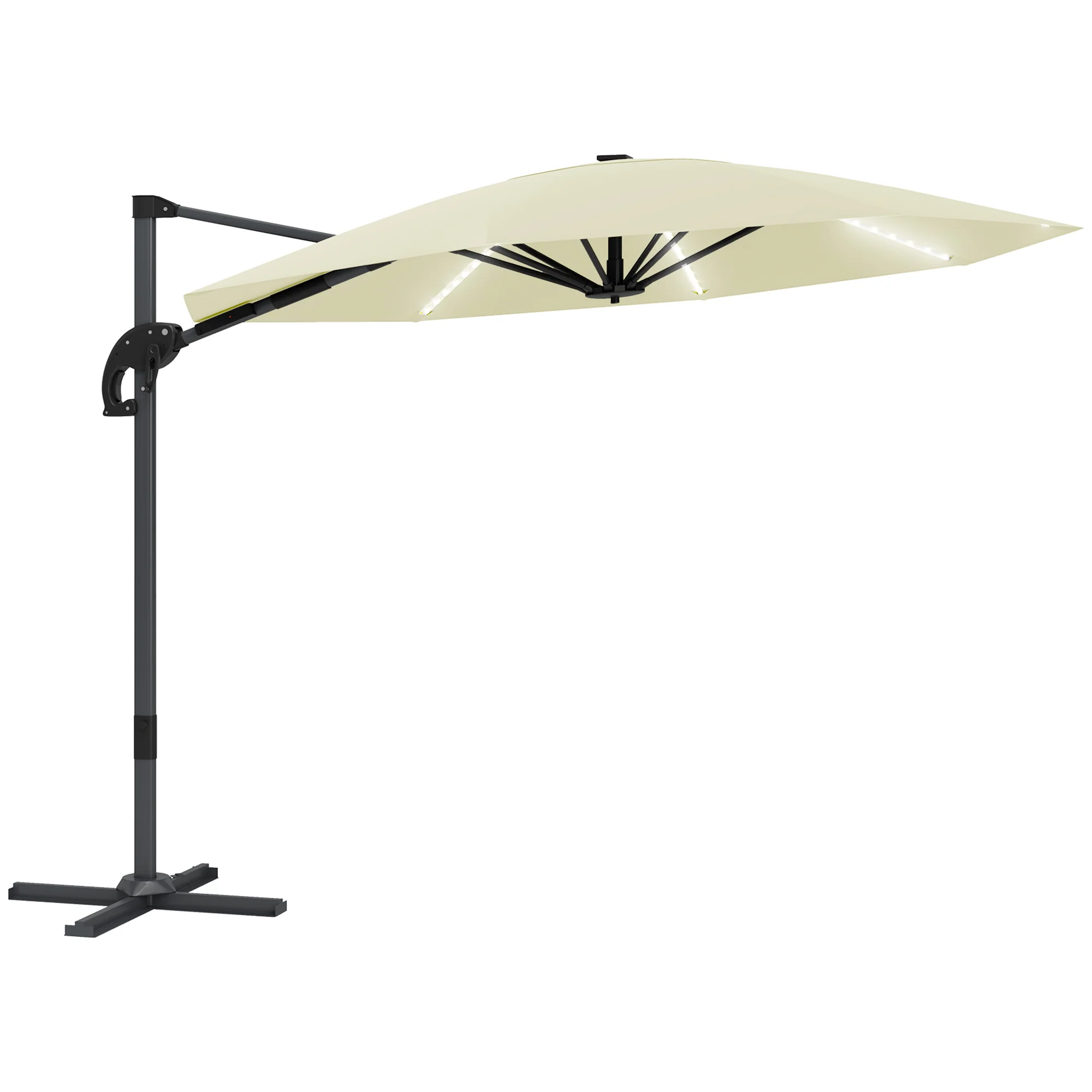 3m 360° Rotation Overhanging Parasol with Lights, Crank Handle & Cross Base, UPF 50+, Cream - Image 12