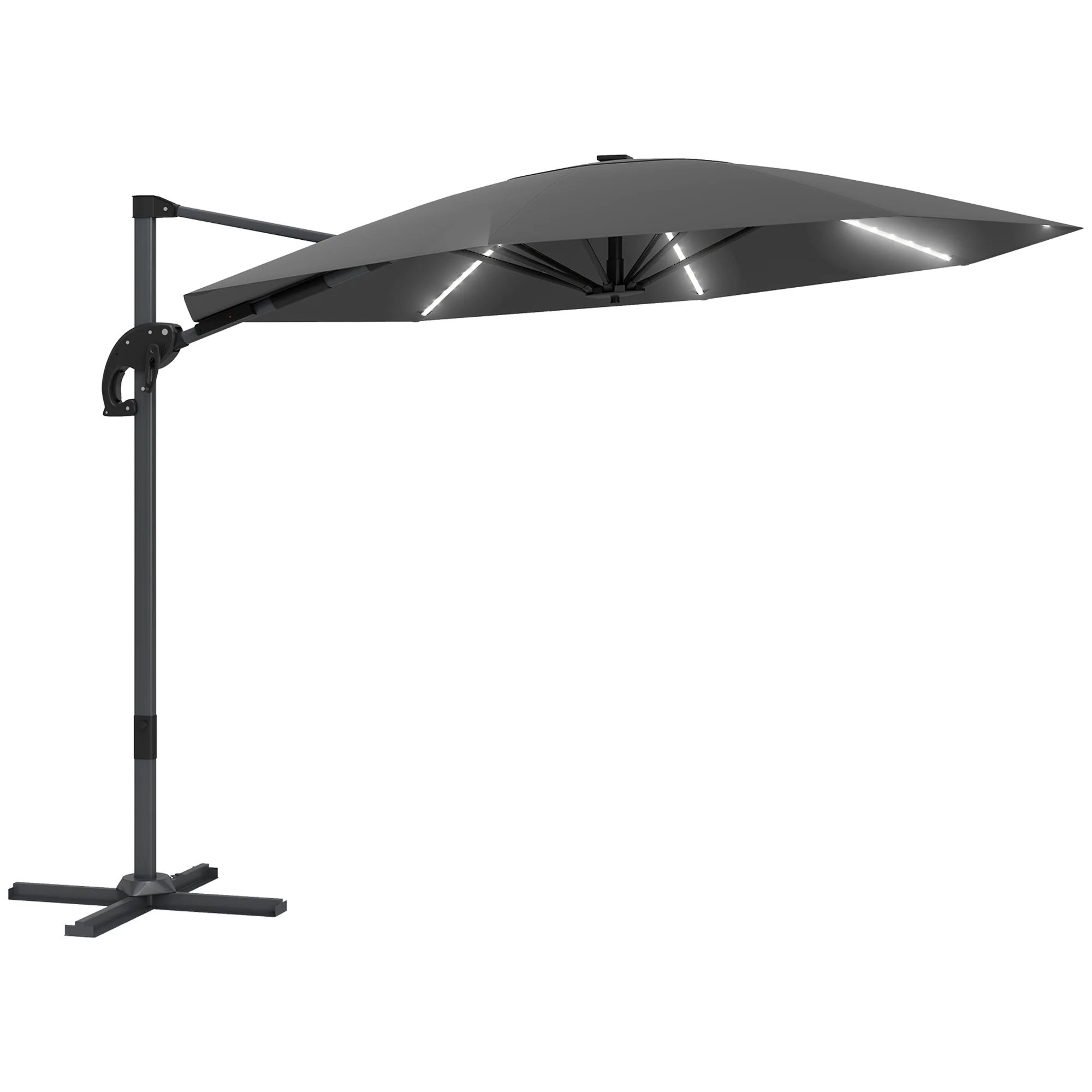 3m 360° Rotation Overhanging Parasol with Lights, Crank Handle & Cross Base, UPF 50+, Dark Grey
