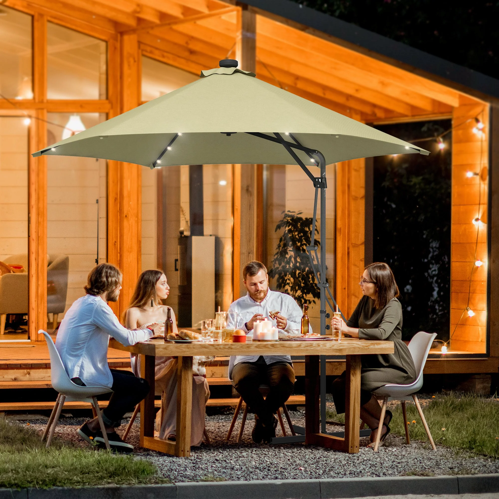 3m LED Parasol Umbrella, Garden Parasol with Cross Base & Steel Pole, Beige - Image 3