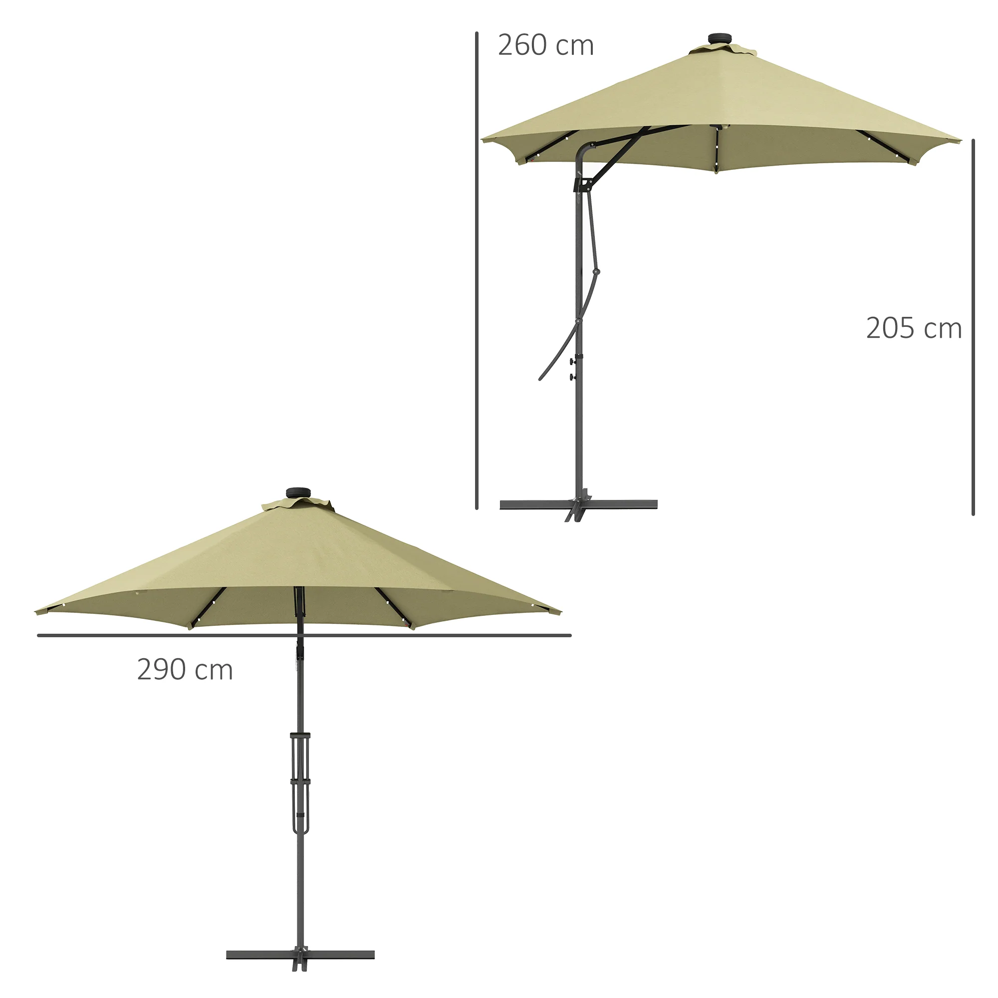 3m LED Parasol Umbrella, Garden Parasol with Cross Base & Steel Pole, Beige - Image 5