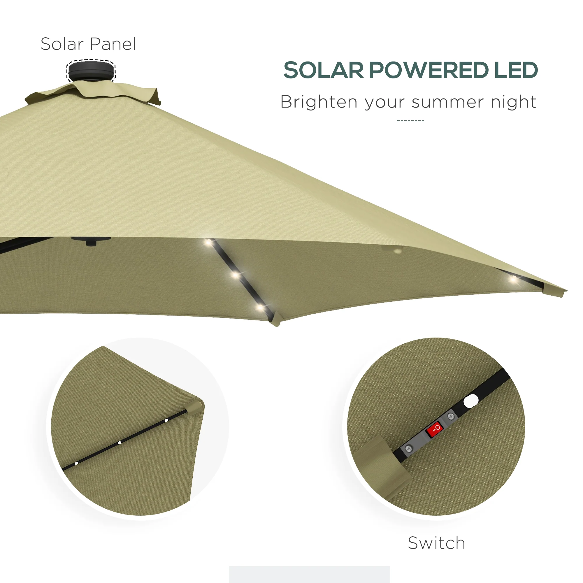 3m LED Parasol Umbrella, Garden Parasol with Cross Base & Steel Pole, Beige - Image 7