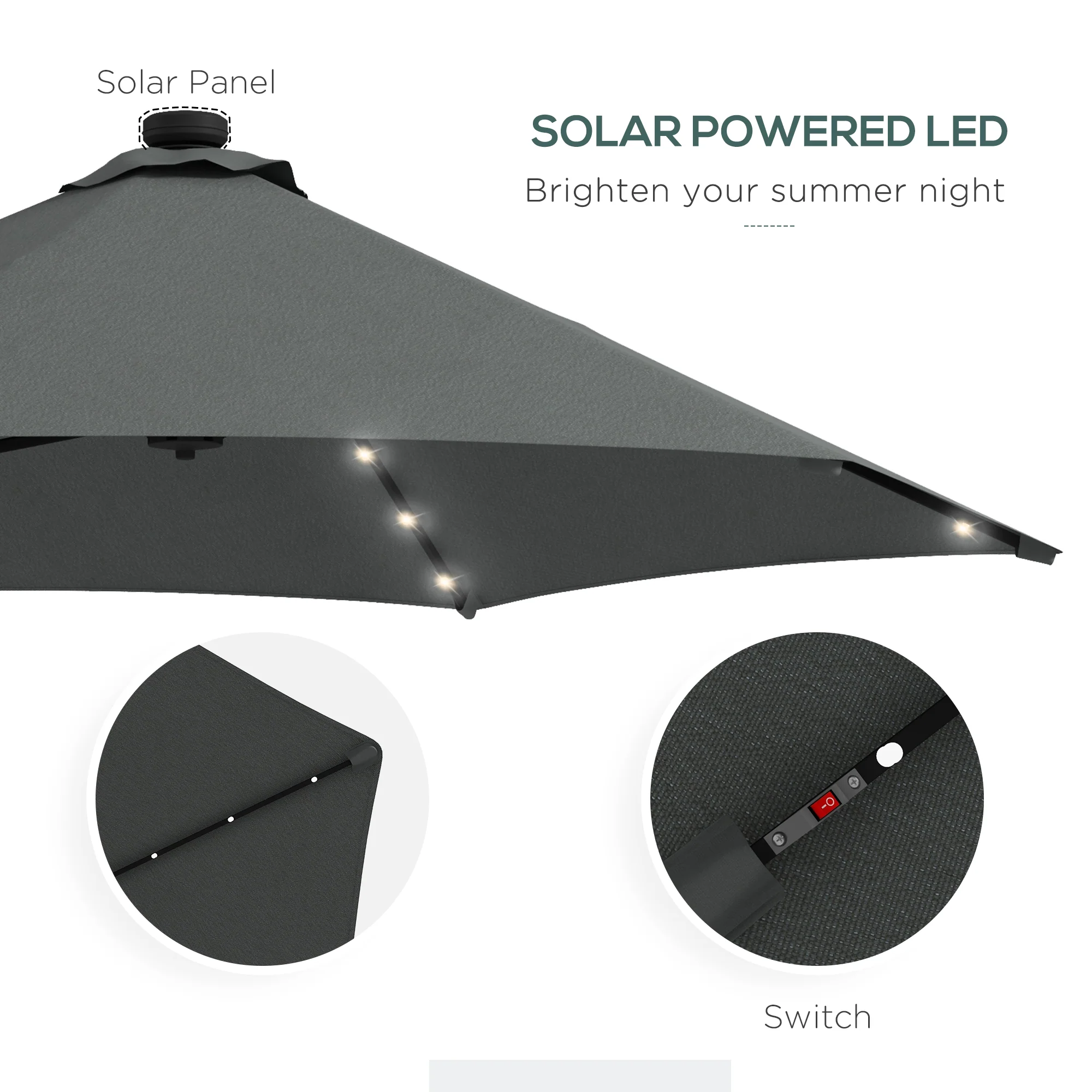 3m LED Parasol Umbrella, Garden Parasol with Cross Base & Steel Pole, Dark Grey - Image 7