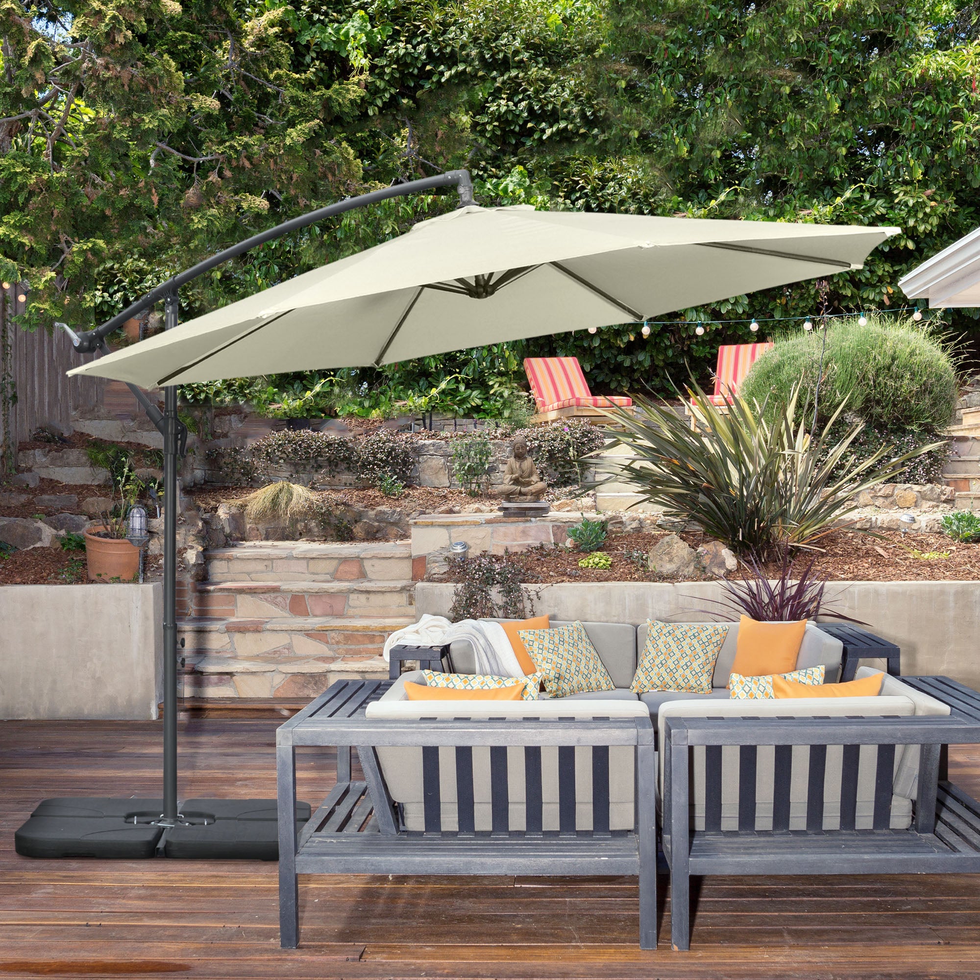 3m Garden Banana Parasol Cantilever Umbrella with Weights, Cover & Cross Base, Beige - Image 3