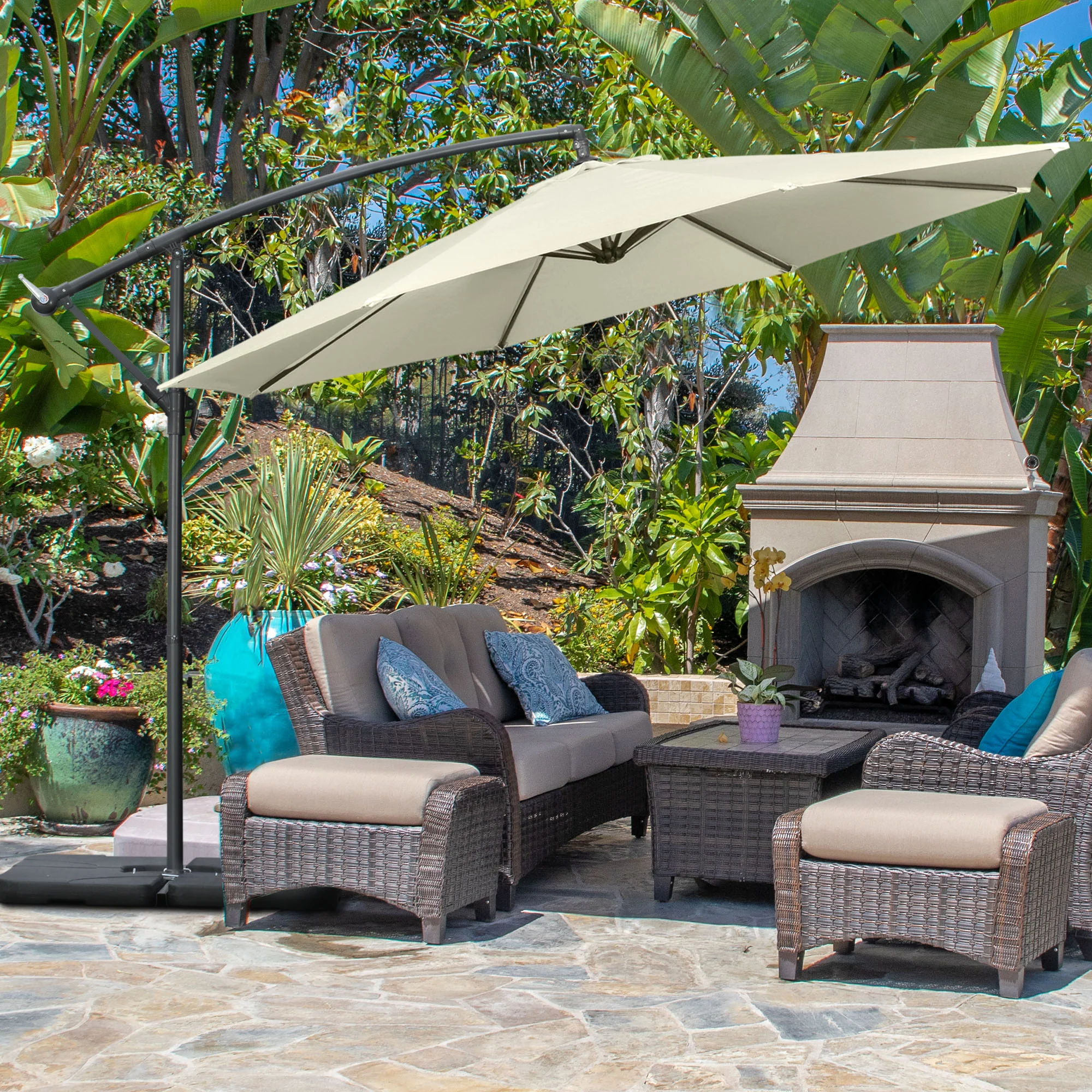 3m Garden Banana Parasol Cantilever Umbrella with Weights, Cover & Cross Base, Beige - Image 4