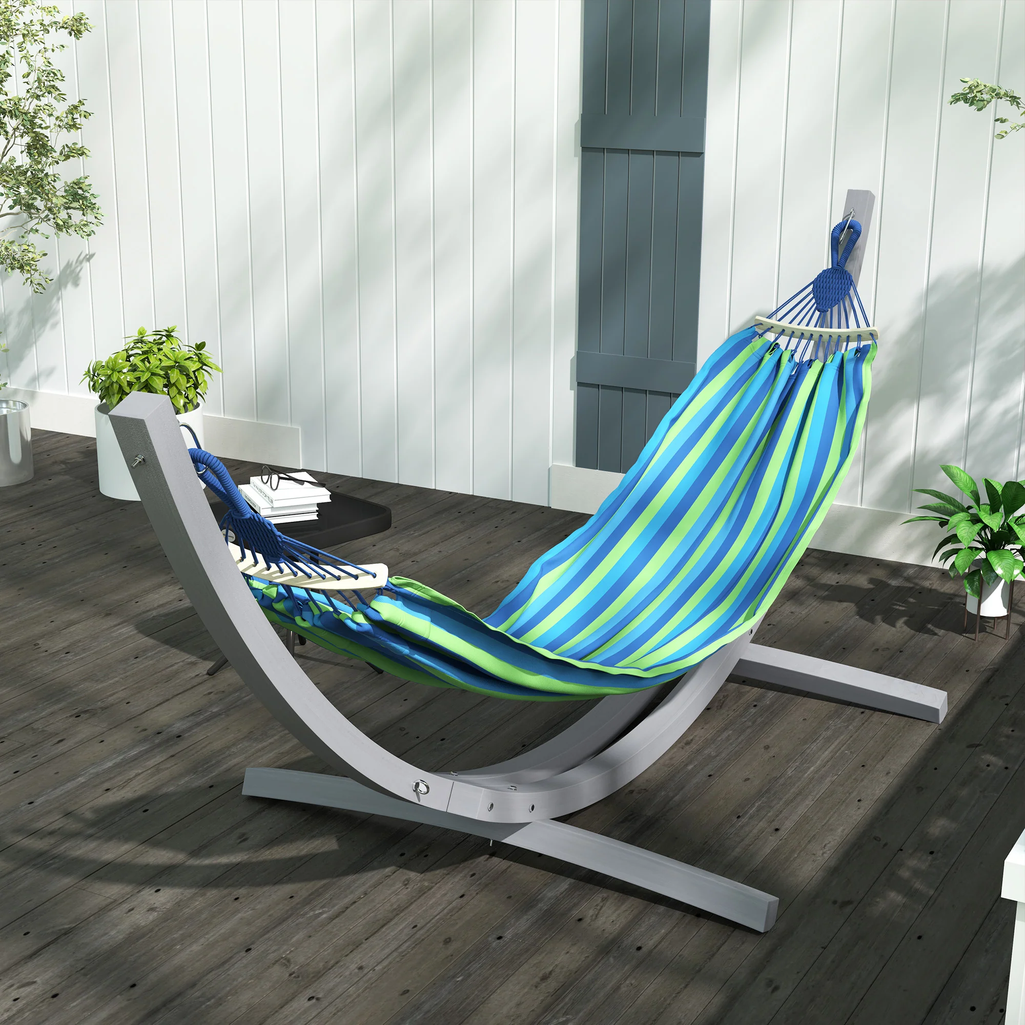 3(m) Wooden Hammock Stand, 1 Person Hammock Frame with Chain and Safety Buckles, Pine Wood Arc Stand for Garden, Patio, Outdoor and Indoor, Grey - Image 4