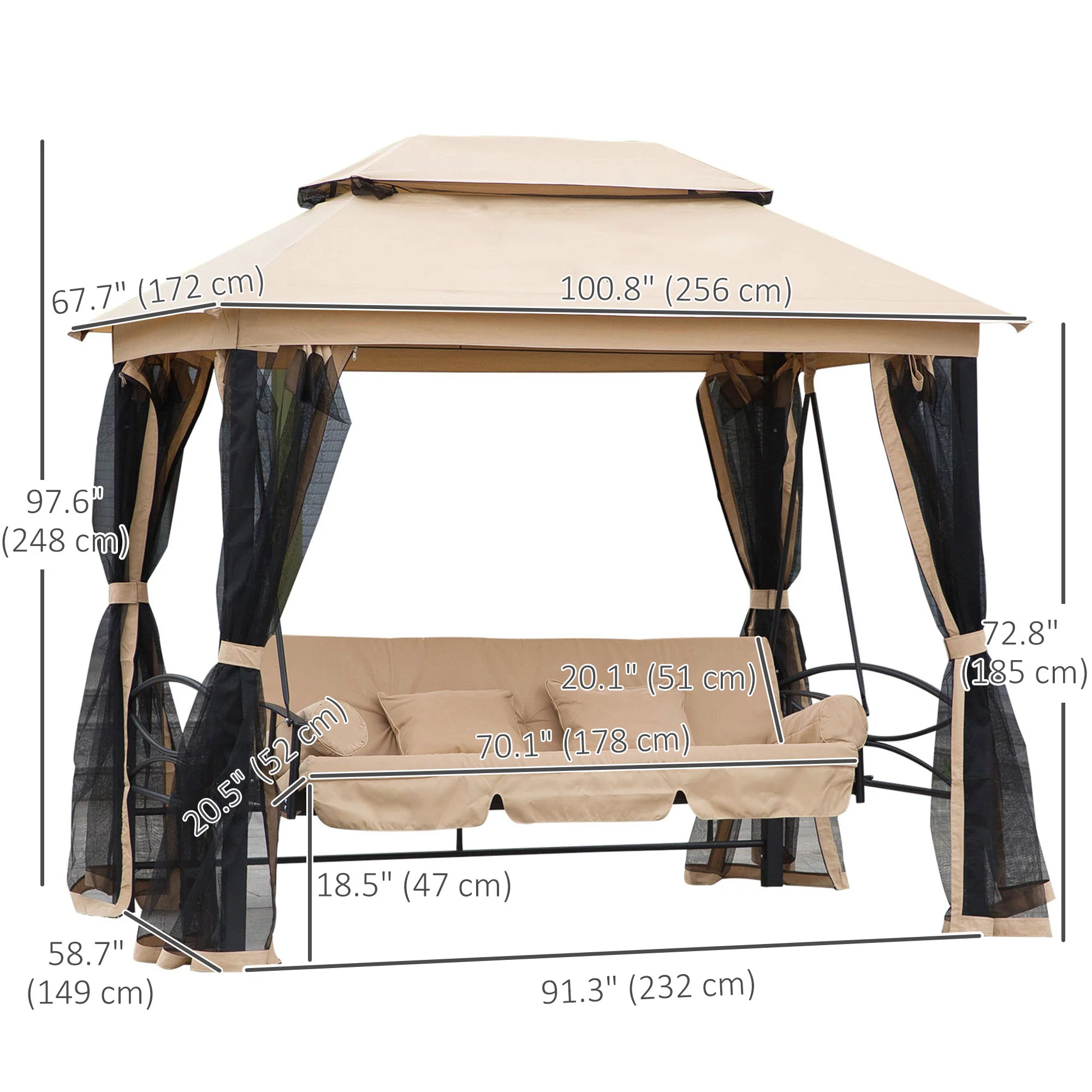 3 in 1 Canopy Gazebo Swing Chair w/ Sun Shade, Mesh Mosquito & Net for 3 Person, Beige - Image 5