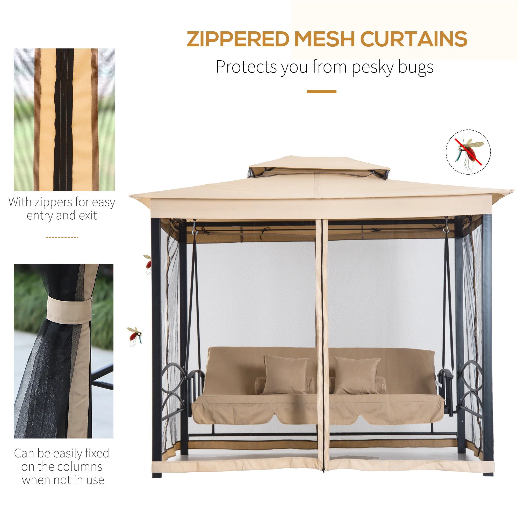 3 in 1 Canopy Gazebo Swing Chair w/ Sun Shade, Mesh Mosquito & Net for 3 Person, Beige - Image 6