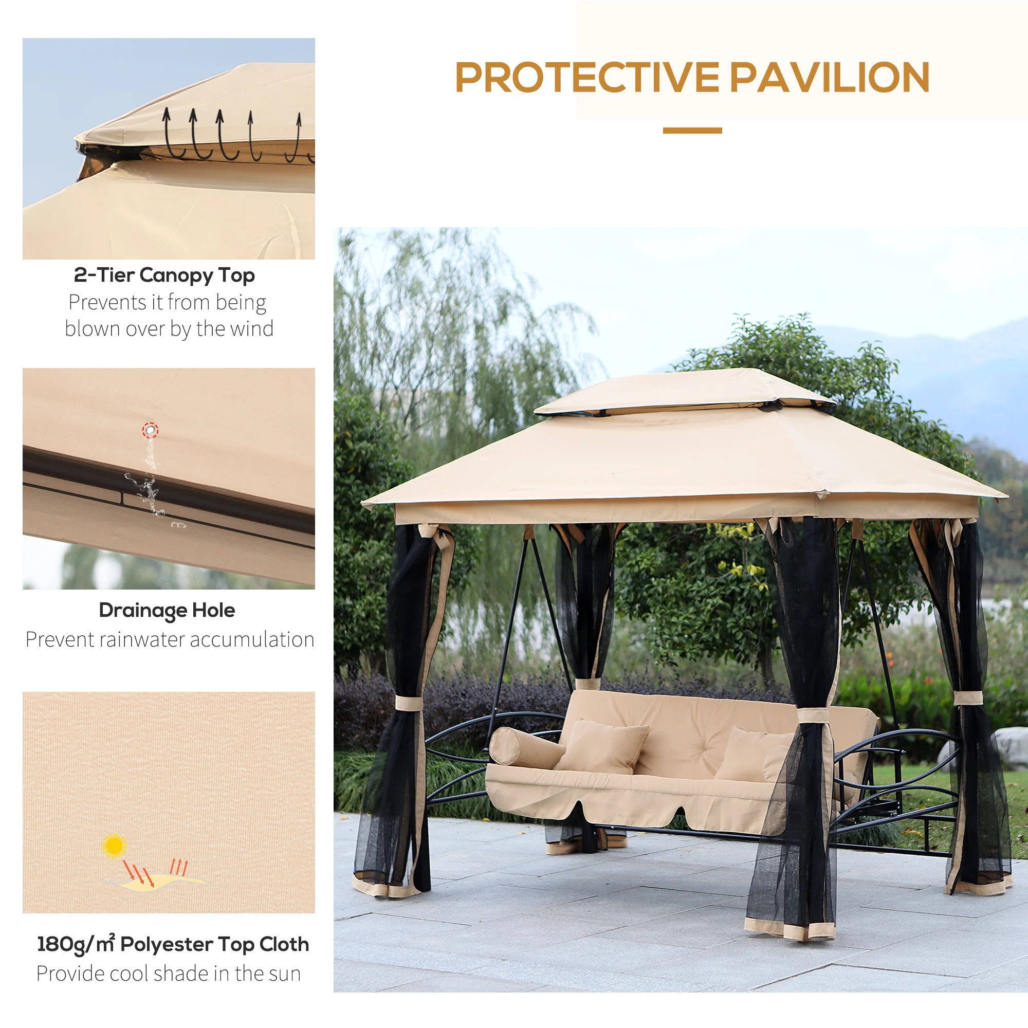 3 in 1 Canopy Gazebo Swing Chair w/ Sun Shade, Mesh Mosquito & Net for 3 Person, Beige - Image 9