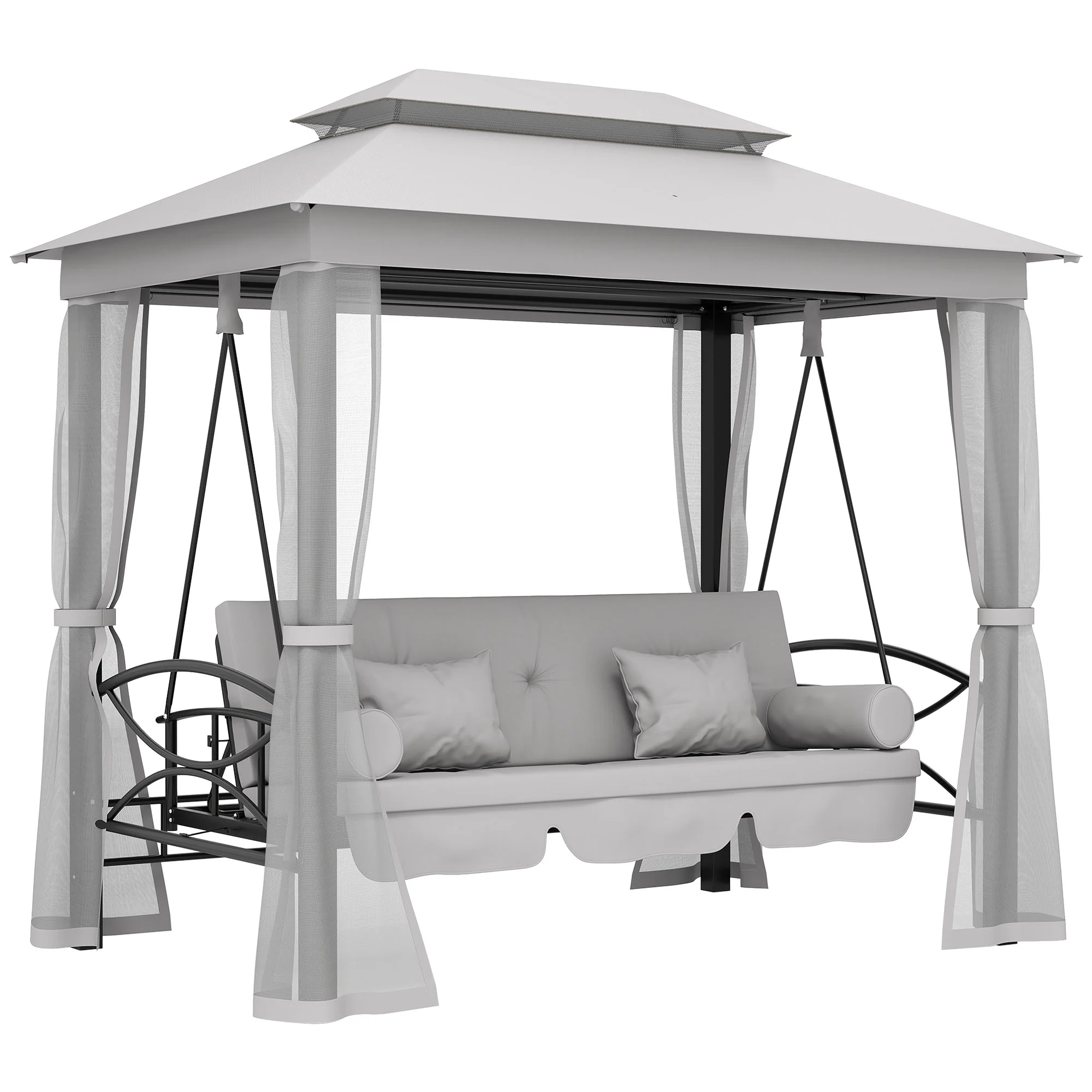 3 in 1 Canopy Gazebo Swing Chair, 3 Person Hammock w/ Mesh Mosquito & Sun Shade, Grey