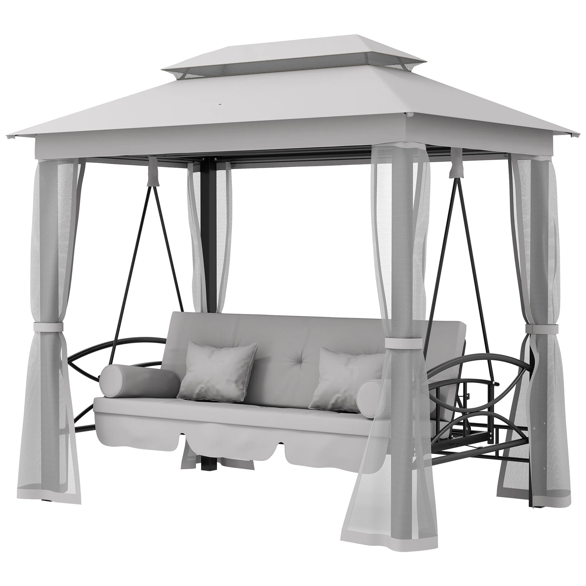 3 in 1 Canopy Gazebo Swing Chair, 3 Person Hammock w/ Mesh Mosquito & Sun Shade, Grey - Image 2
