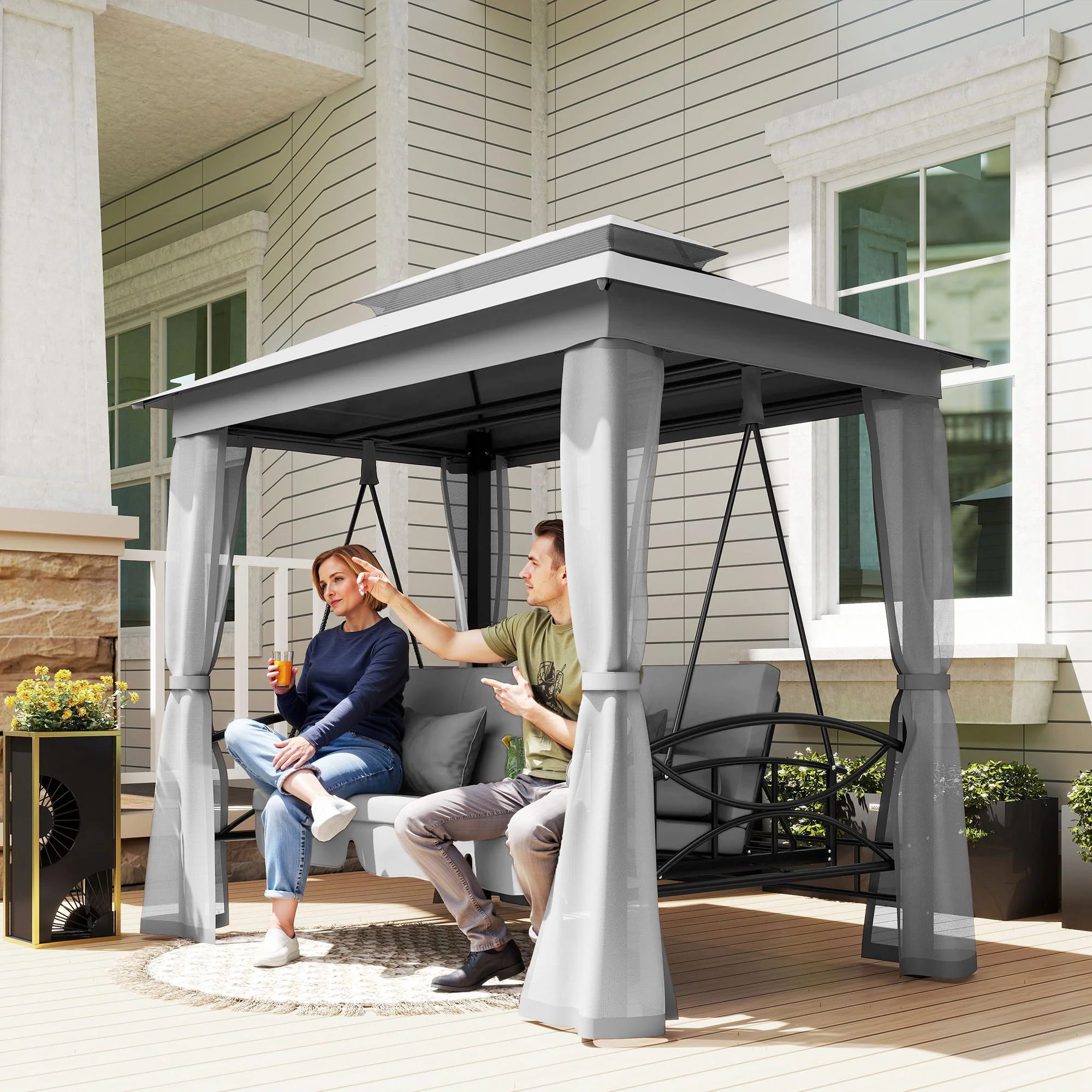 3 in 1 Canopy Gazebo Swing Chair, 3 Person Hammock w/ Mesh Mosquito & Sun Shade, Grey - Image 3