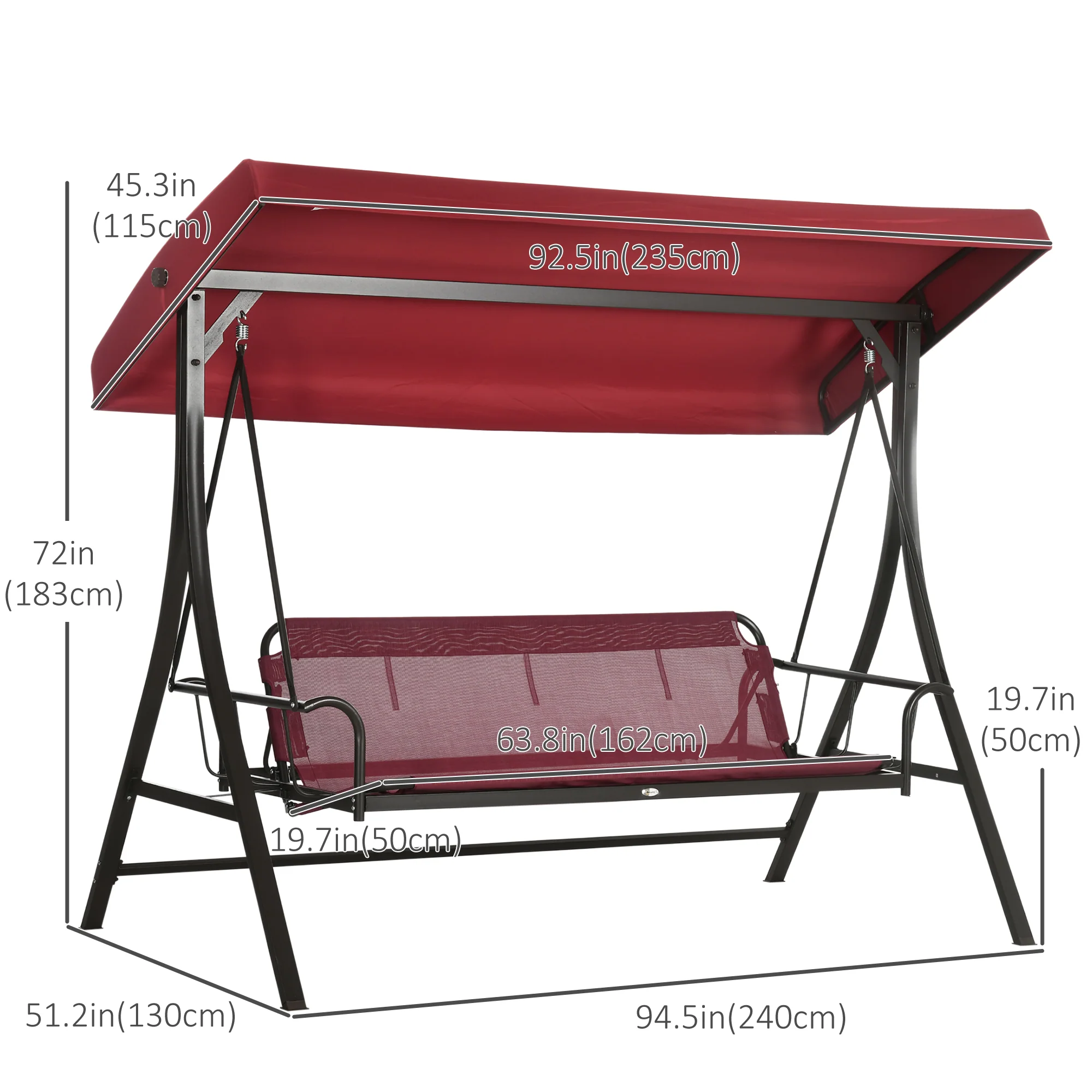 3 Person Outdoor Padded Swing Chair Bench Hammock w/ Adjustable Canopy & Pillows, Red - Image 5