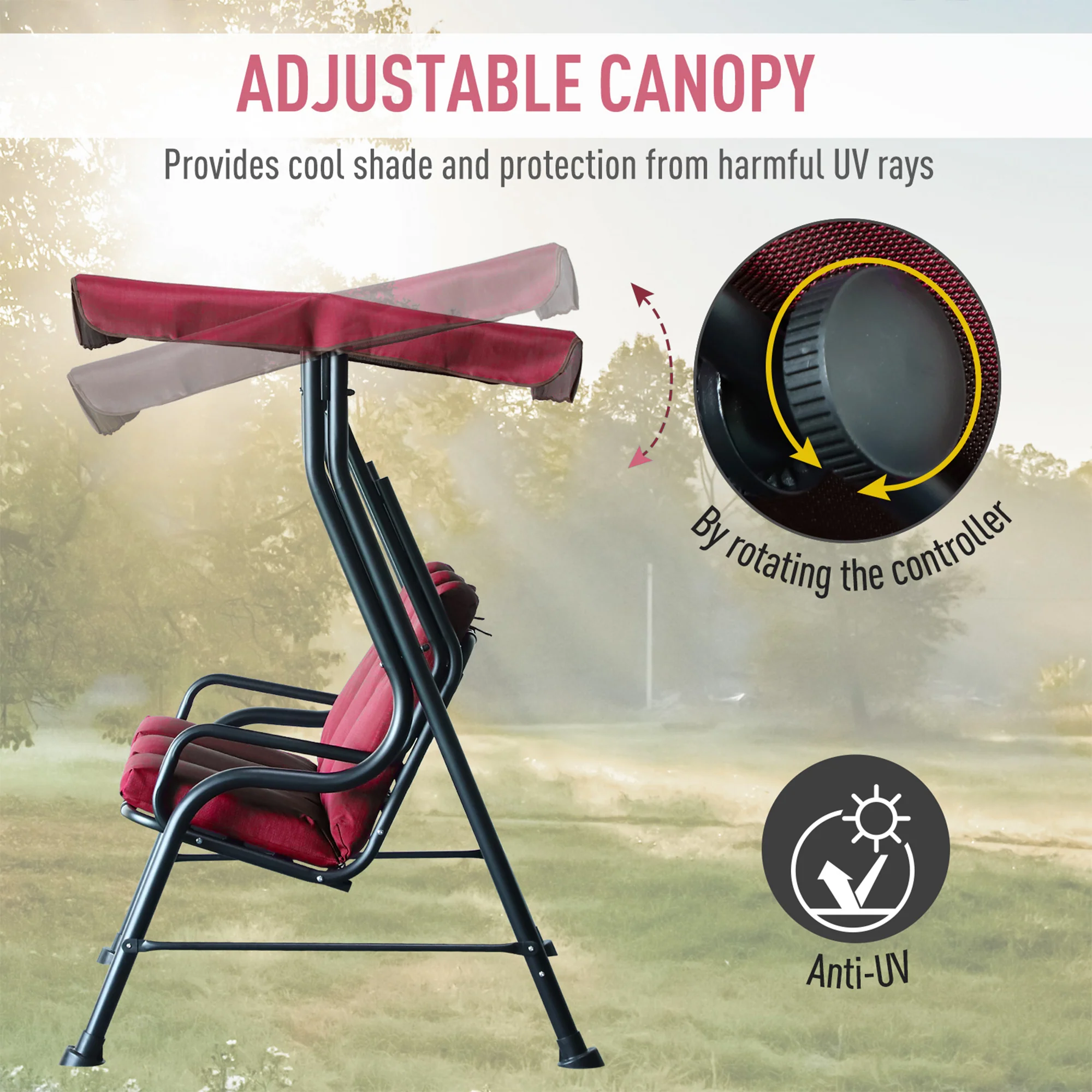 3-Person Cushioned Swing Bench w/ Adjustable Canopy & Weather Resistant Frame, Wine Red - Image 8
