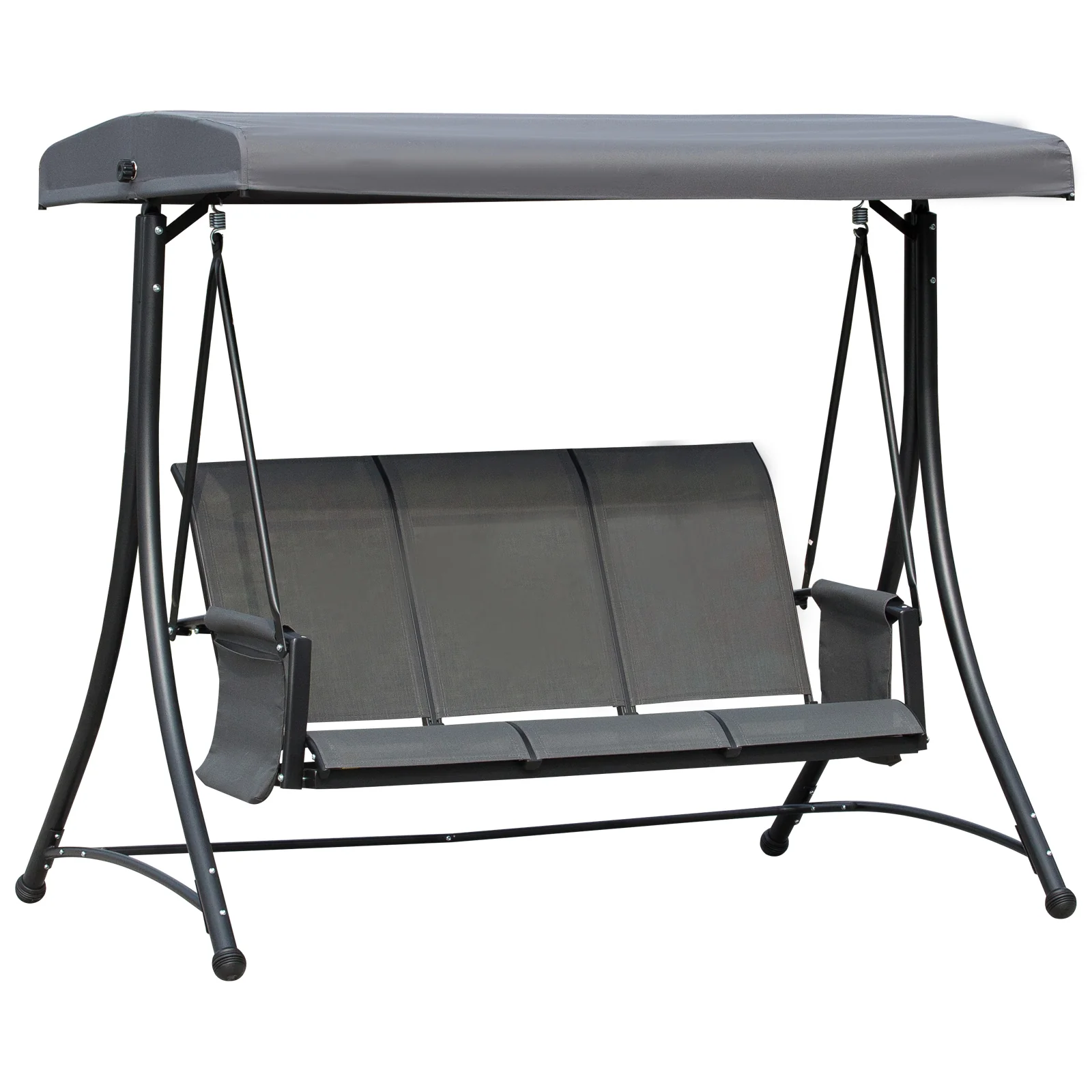 3 Person Outdoor High Back Swing Chair with Side Pouches and Adjustable Canopy, Dark Grey