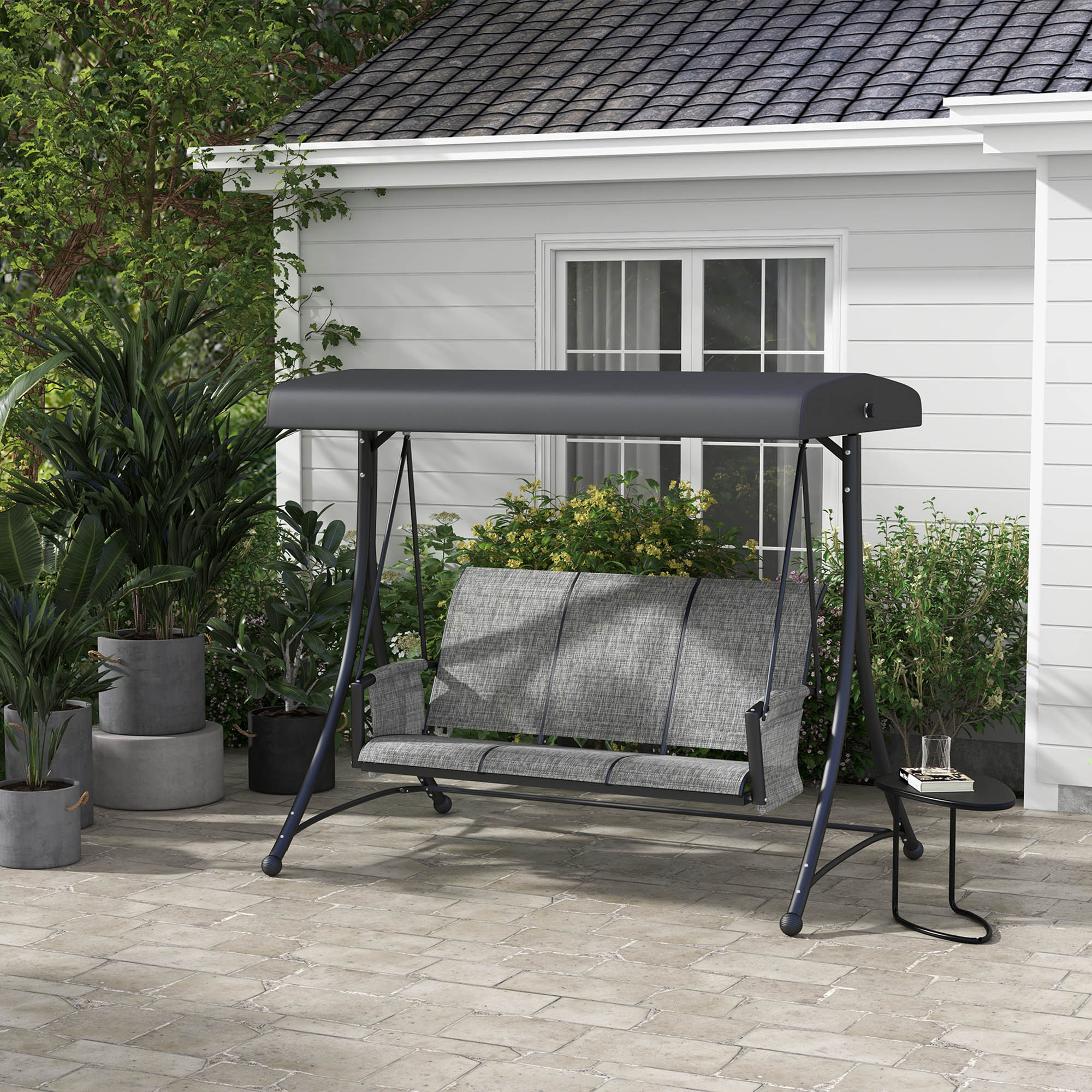 3 Person Outdoor Porch Swing Chair with Adjustable Canopy for Patio, Backyard, Mixed Grey - Image 4