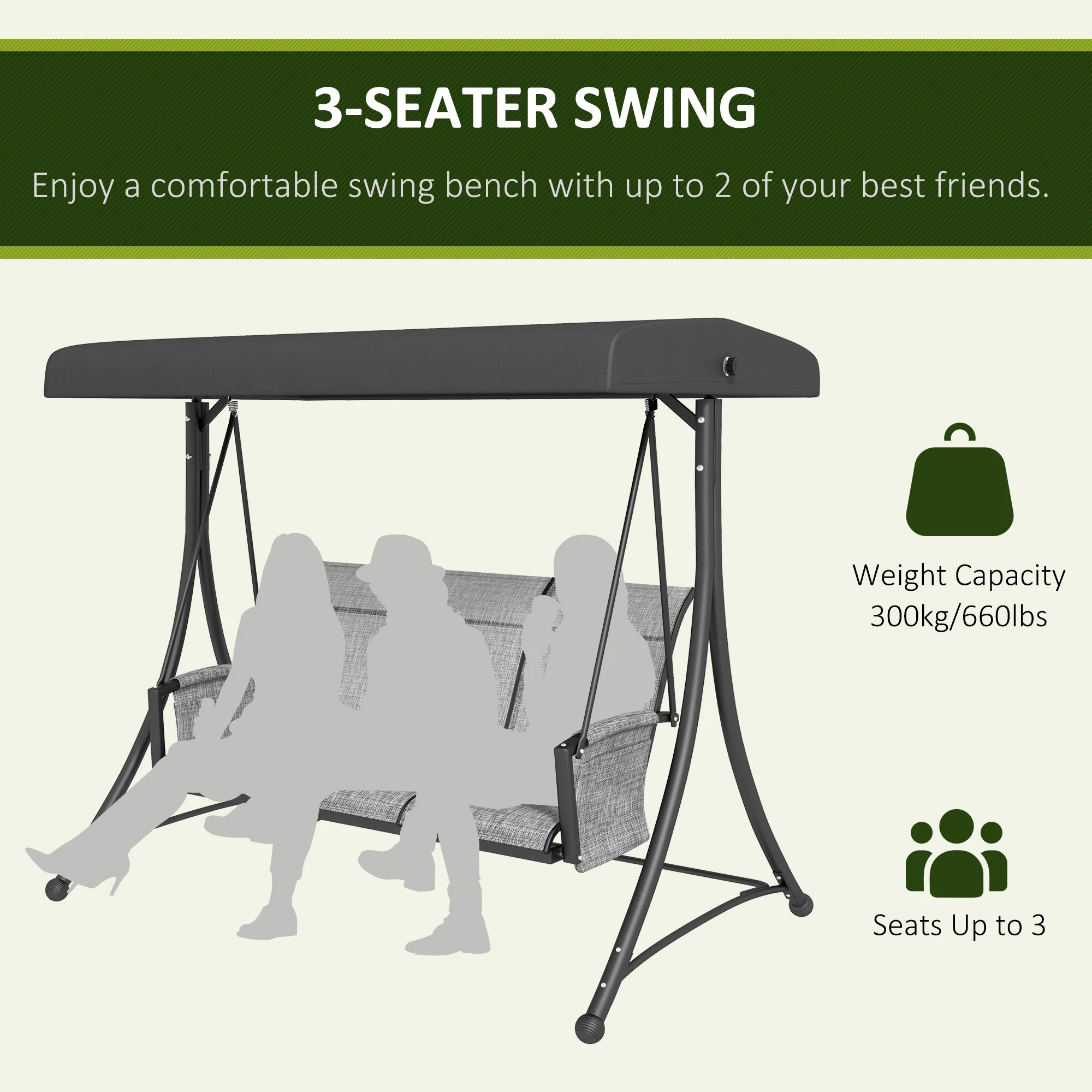 3 Person Outdoor Porch Swing Chair with Adjustable Canopy for Patio, Backyard, Mixed Grey - Image 9
