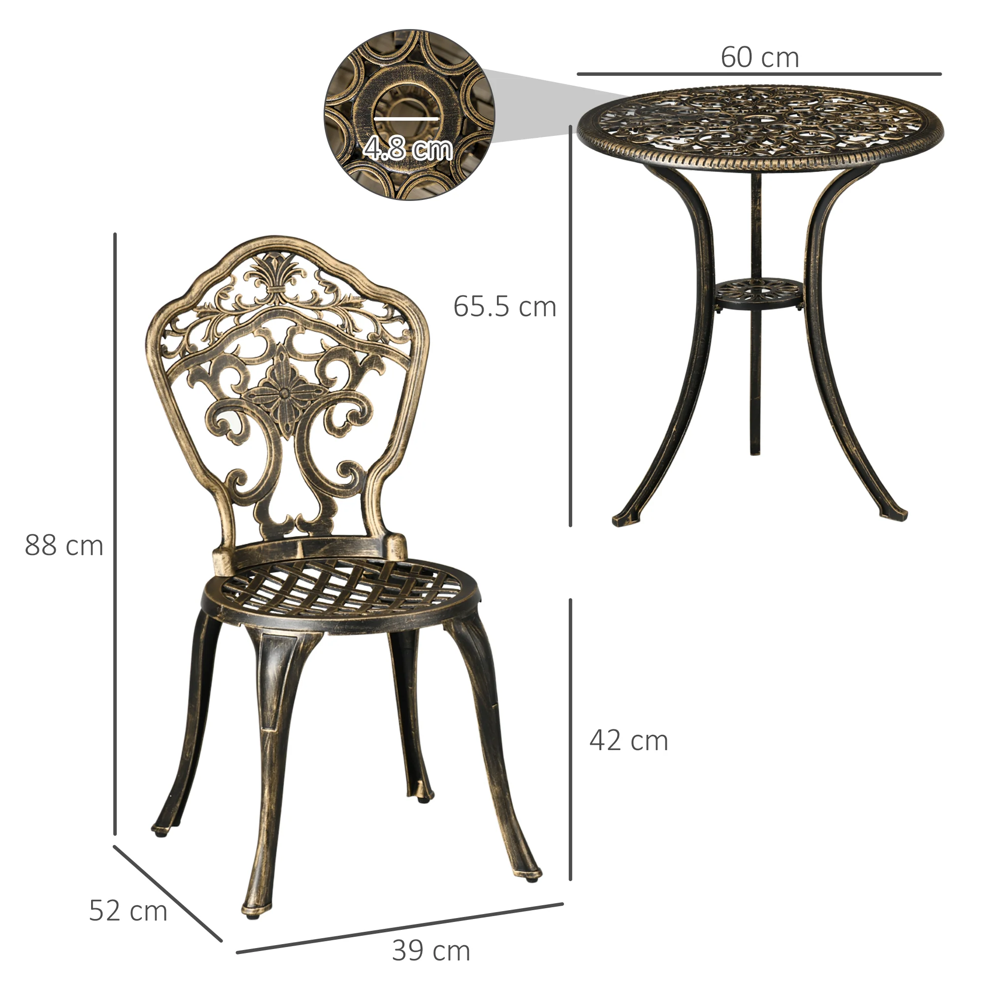 3 Piece Cast Aluminium Garden Bistro Set for 2 with Parasol Hole, Outdoor Coffee Table Set, Two Armless Chairs and Round Coffee Table for Balcony, Patio, Bronze - Image 5