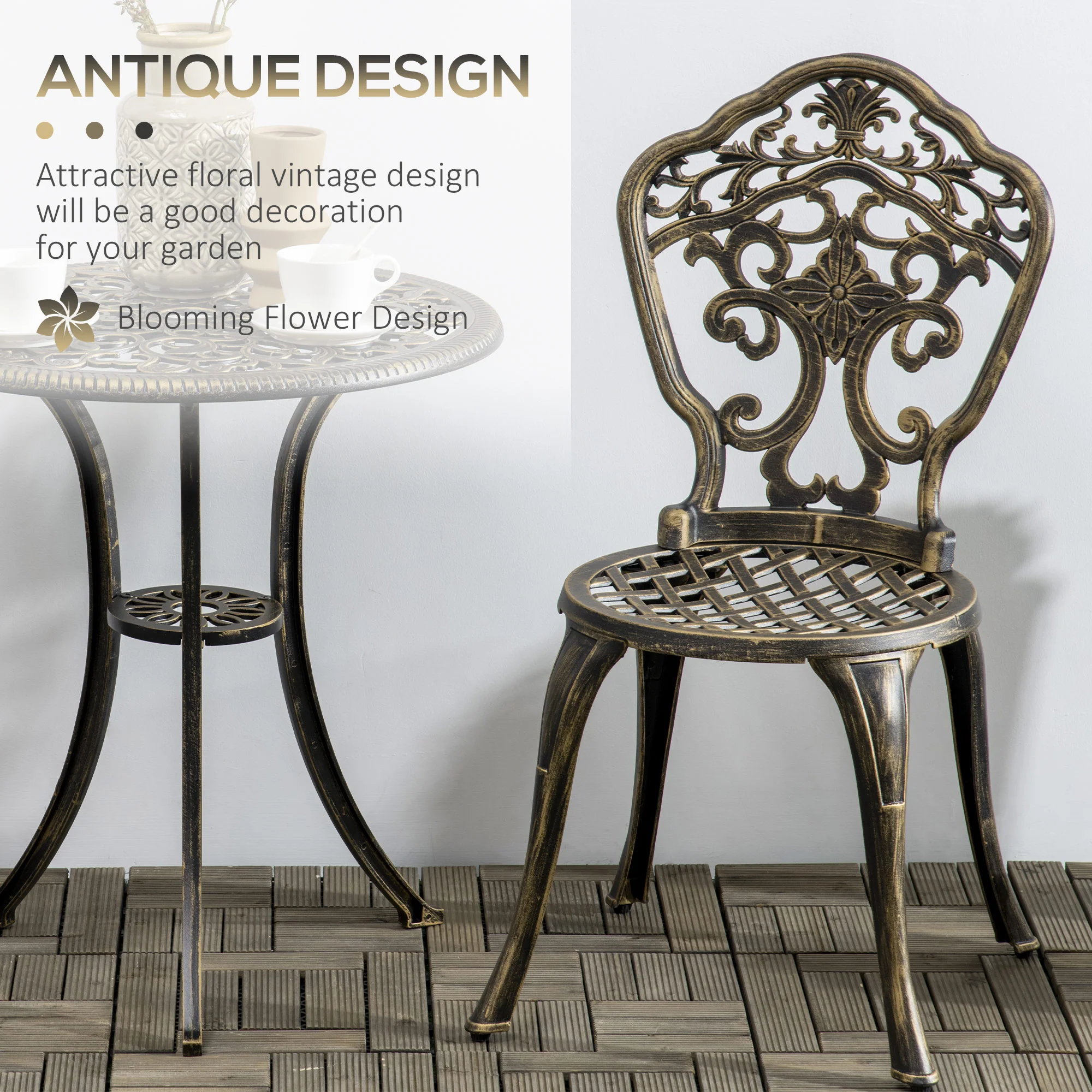 3 Piece Cast Aluminium Garden Bistro Set for 2 with Parasol Hole, Outdoor Coffee Table Set, Two Armless Chairs and Round Coffee Table for Balcony, Patio, Bronze - Image 6