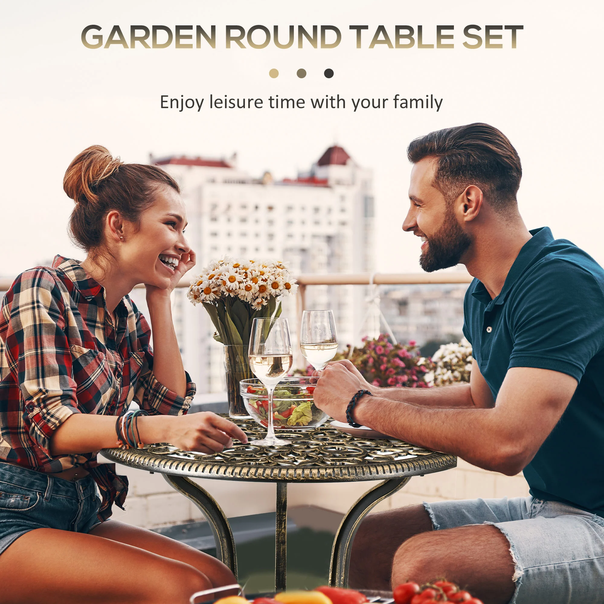 3 Piece Outdoor Bistro Set, 2 Chairs and A Round Coffee Table w/ Parasol Hole, Bronze - Image 8