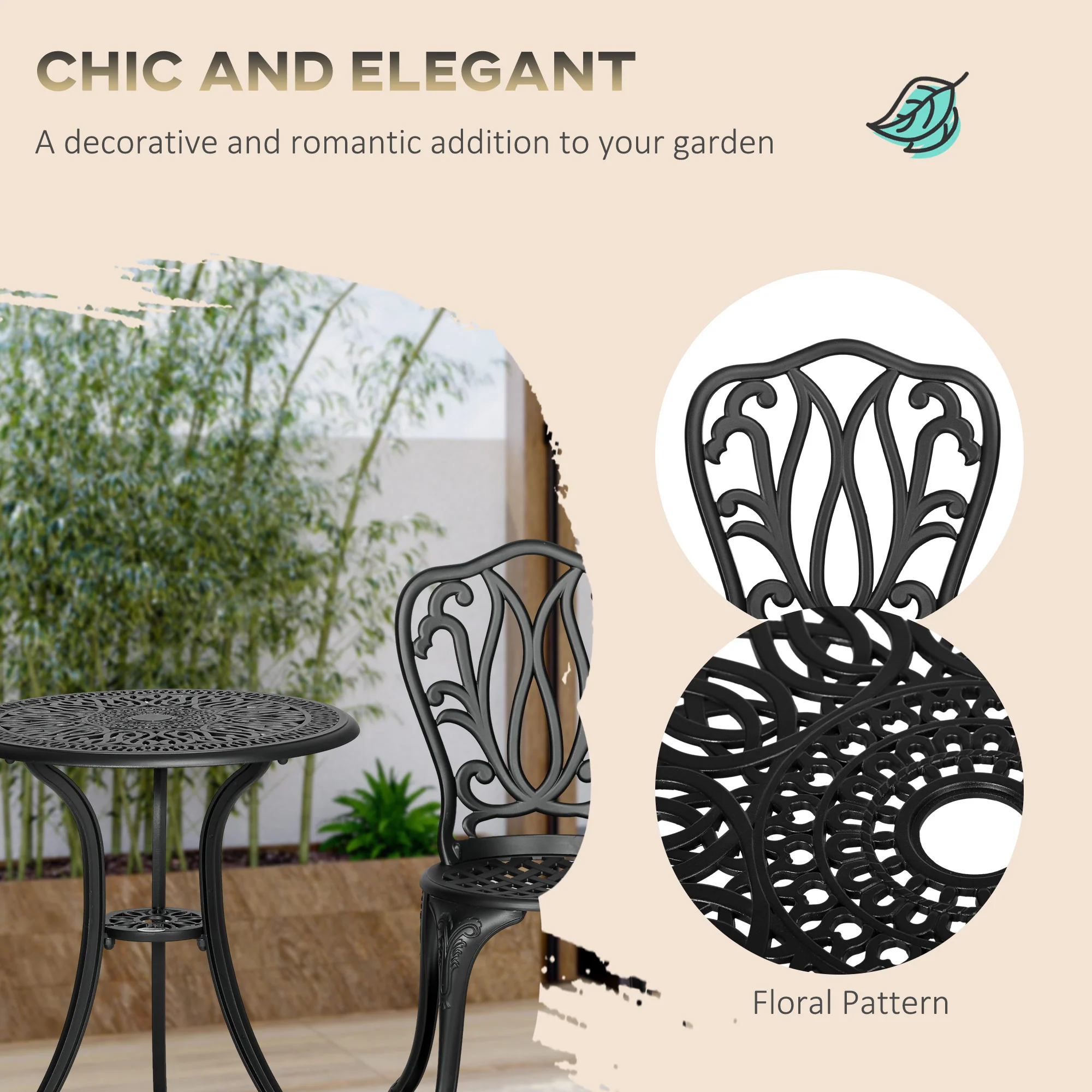 3 Piece Modern Garden Bistro Set with Umbrella Hole & Aluminium Frame for Balcony, Patio, Black - Image 9