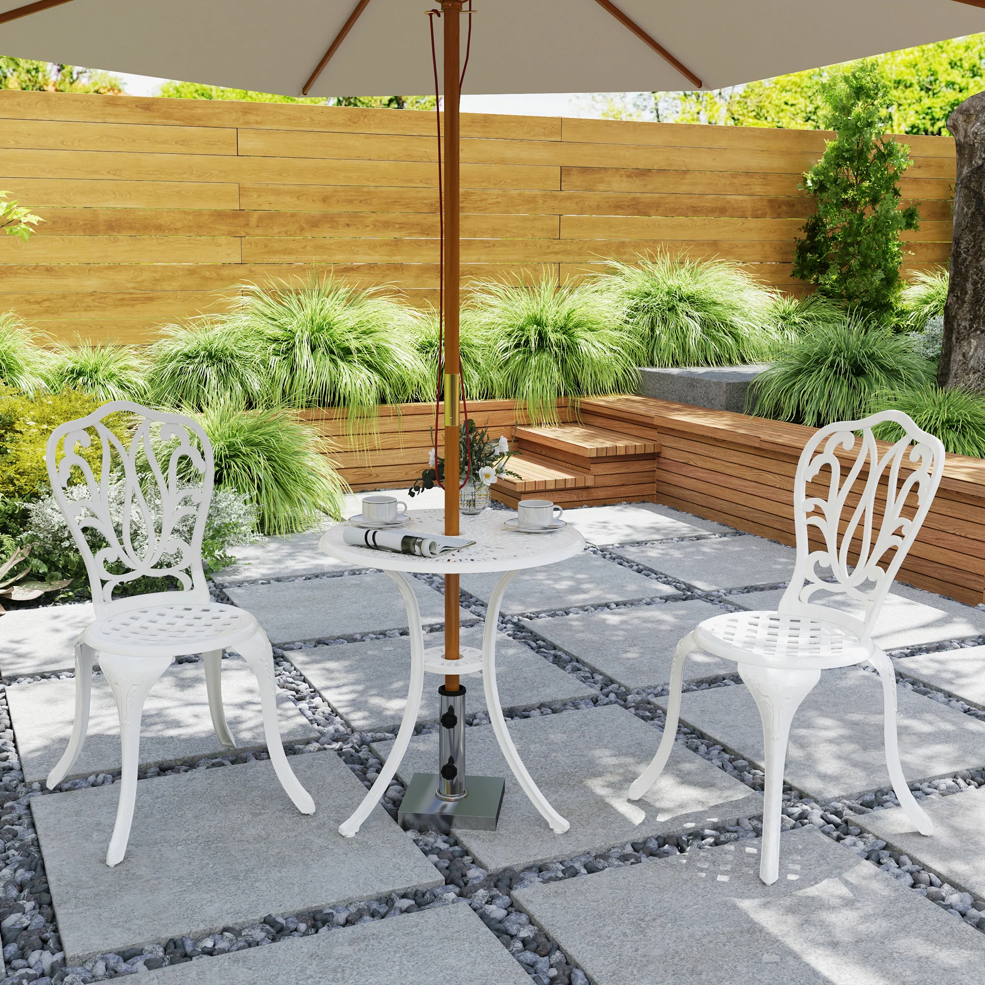 3 Piece Modern Garden Bistro Set with Umbrella Hole & Aluminium Frame for Balcony, Patio, White - Image 10