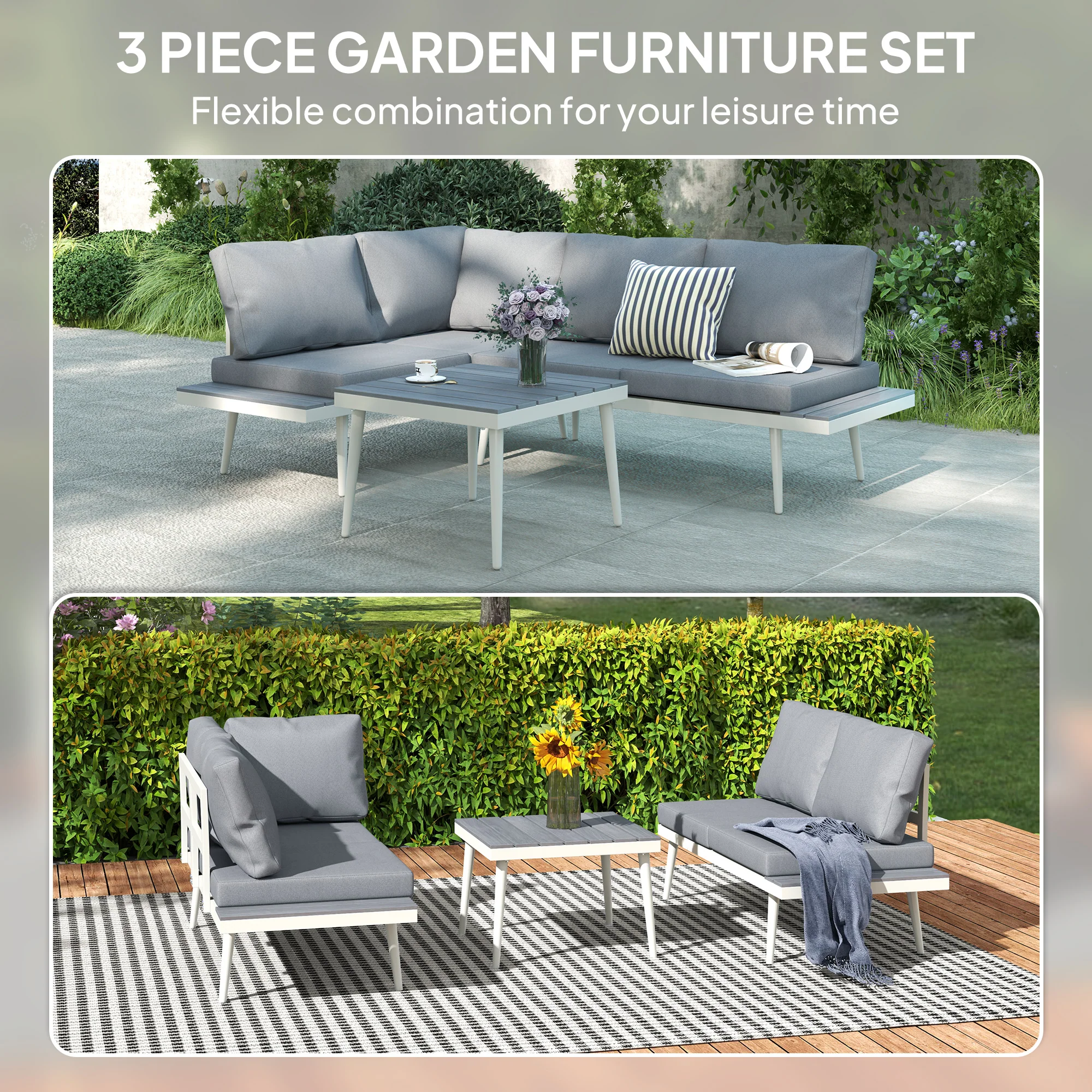 3 Pieces Corner Sofa Set with 5-Level Adjustable Lounger, Mesh Seat & Wood-Grain Table, Grey - Image 6
