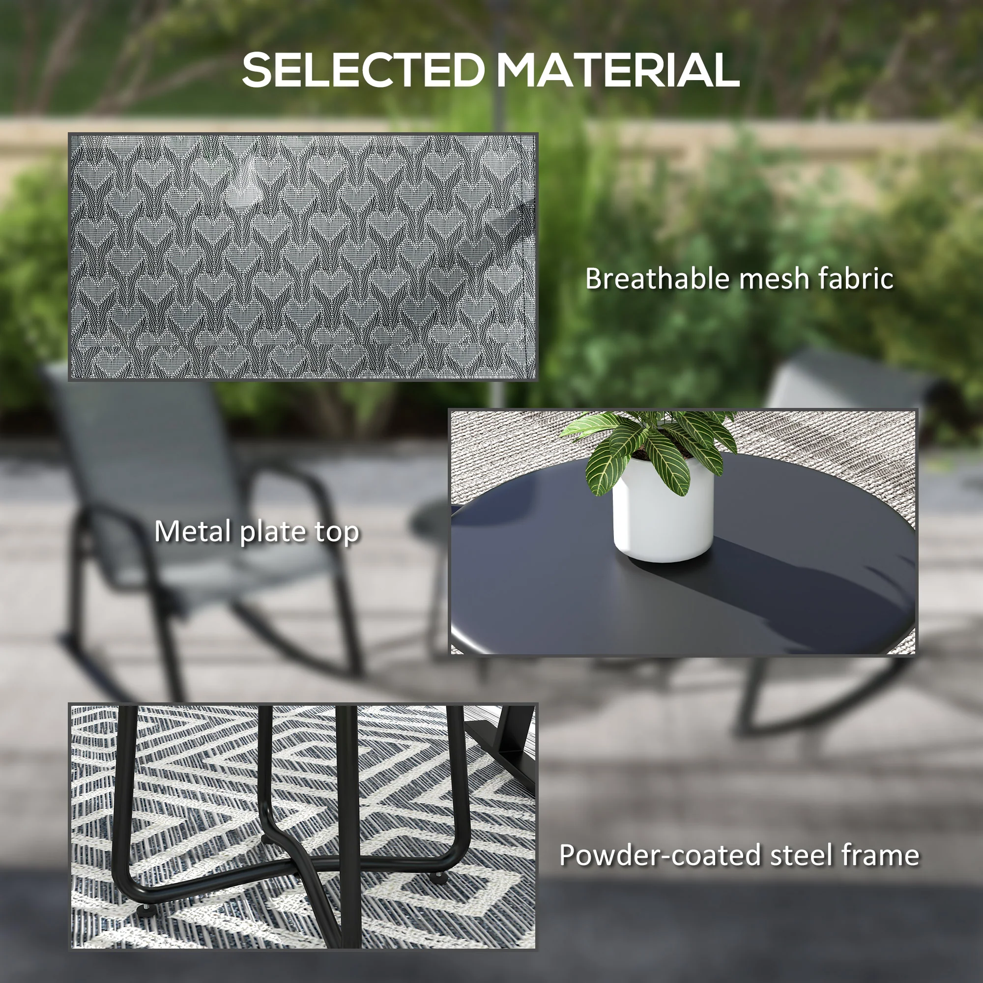 3 Piece Patio Bistro Set with 2 Rocking Chairs and Metal Top Coffee Table, Mixed Grey - Image 8