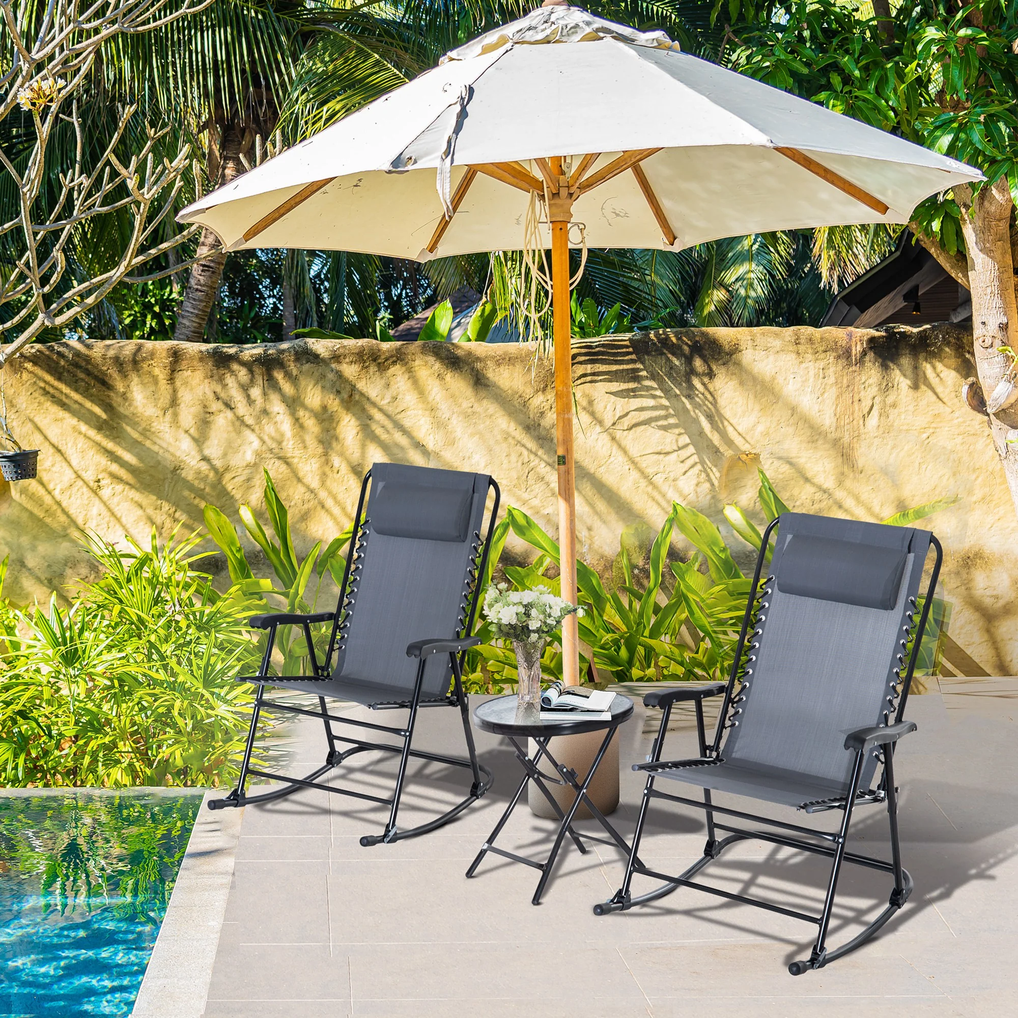3 Piece Patio Bistro Set with 2 Foldable Rocking Chairs and Tempered Glass Table, Grey - Image 4