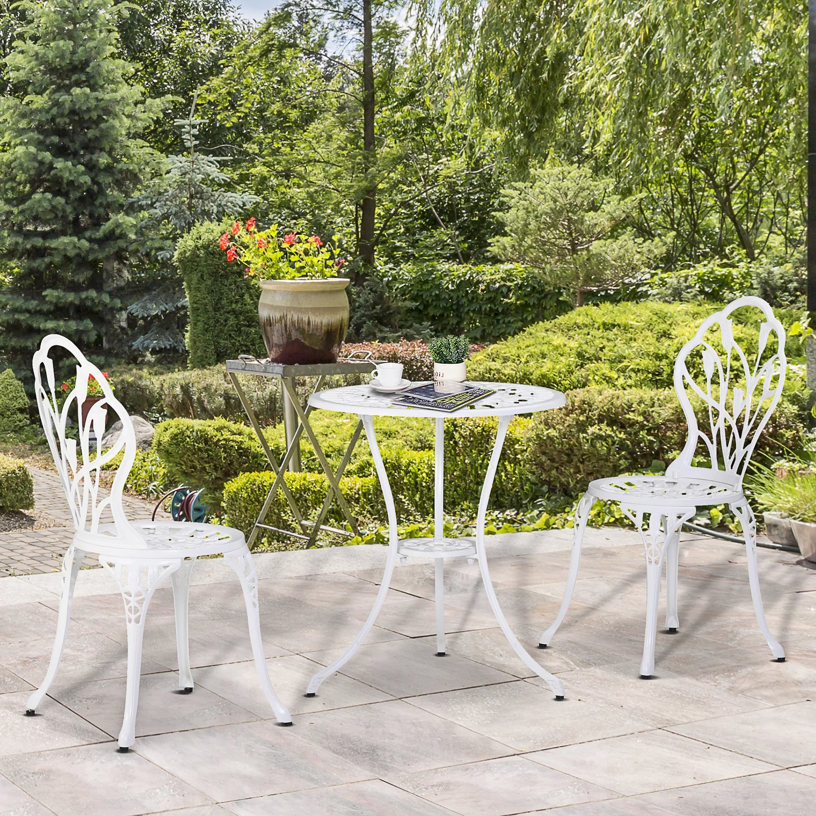 3 Piece Patio Bistro Set for 2, Outdoor Aluminium Garden Table & Chairs with Umbrella Hole, White - Image 4