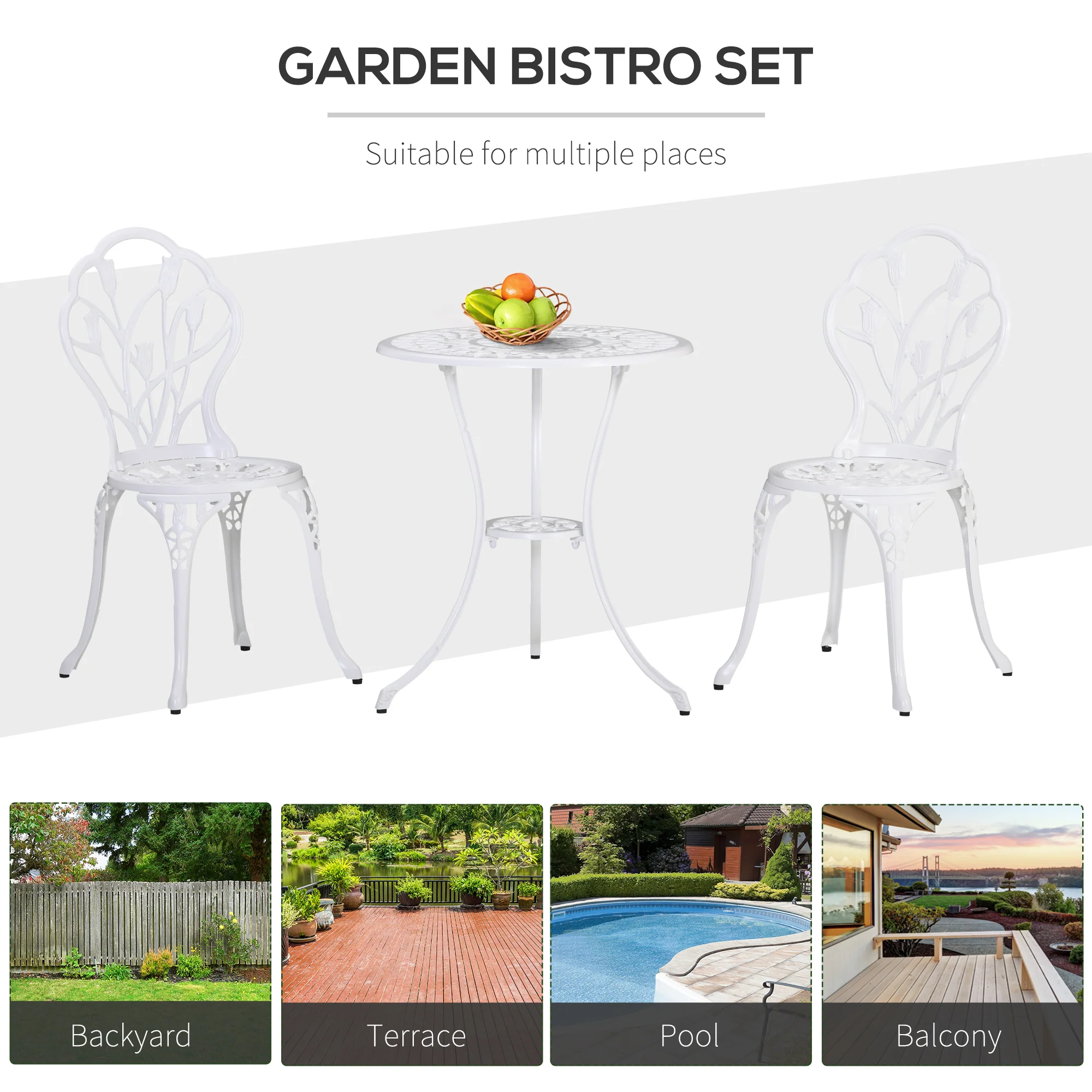 3 Piece Patio Bistro Set for 2, Outdoor Aluminium Garden Table & Chairs with Umbrella Hole, White - Image 9