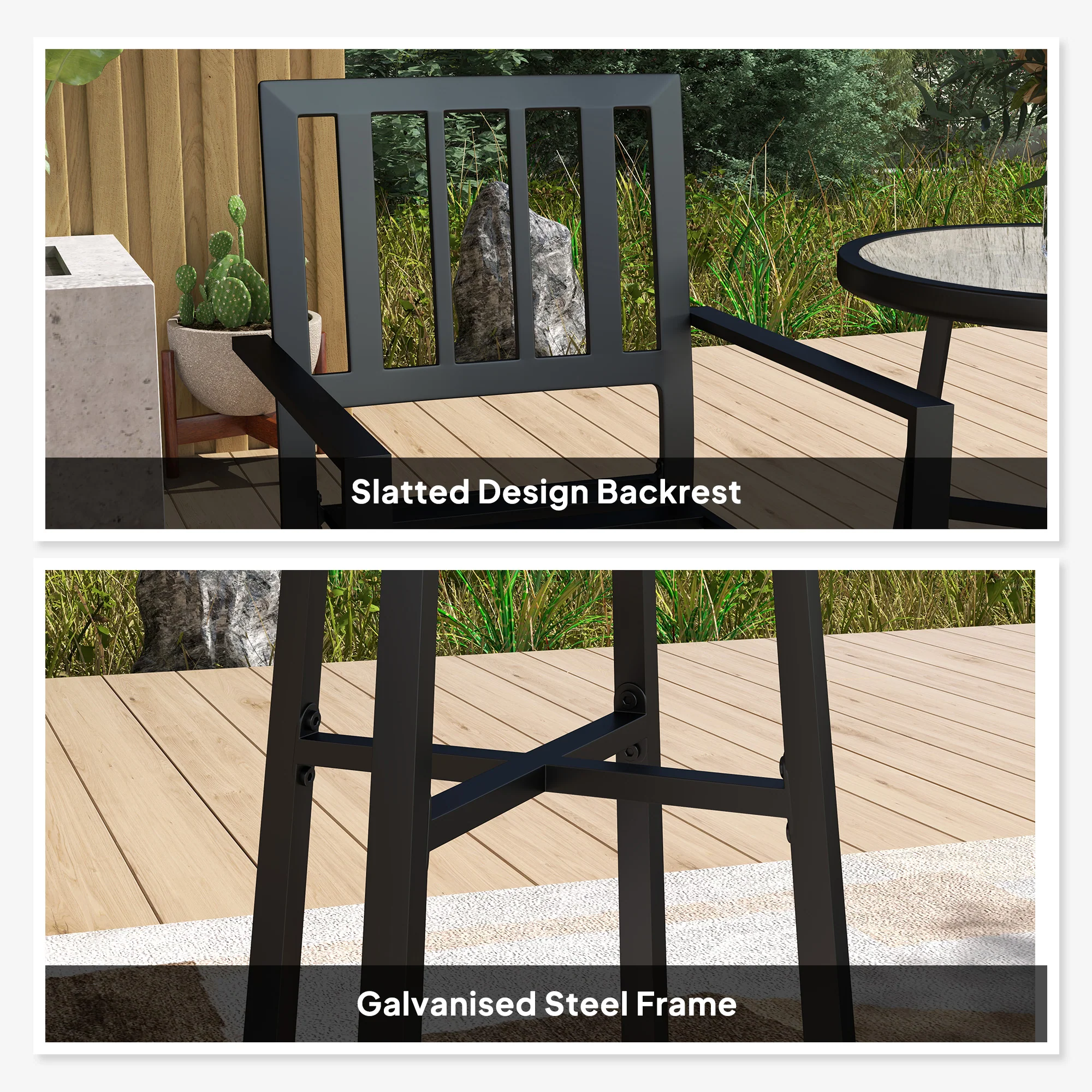 3 Piece Garden Dining Set with 2 Stackable Chairs & Steel Frame for Balcony, Patio, Deck, Grey - Image 8