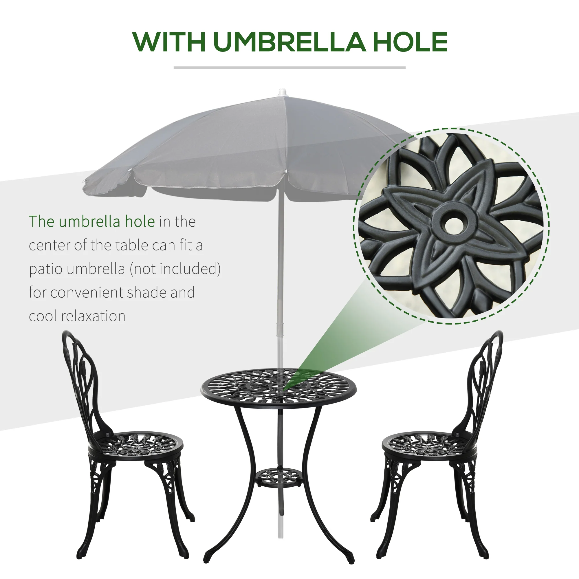 3 Piece Patio Bistro Set for 2, Outdoor Aluminium Garden Table & Chairs with Umbrella Hole, Black - Image 8