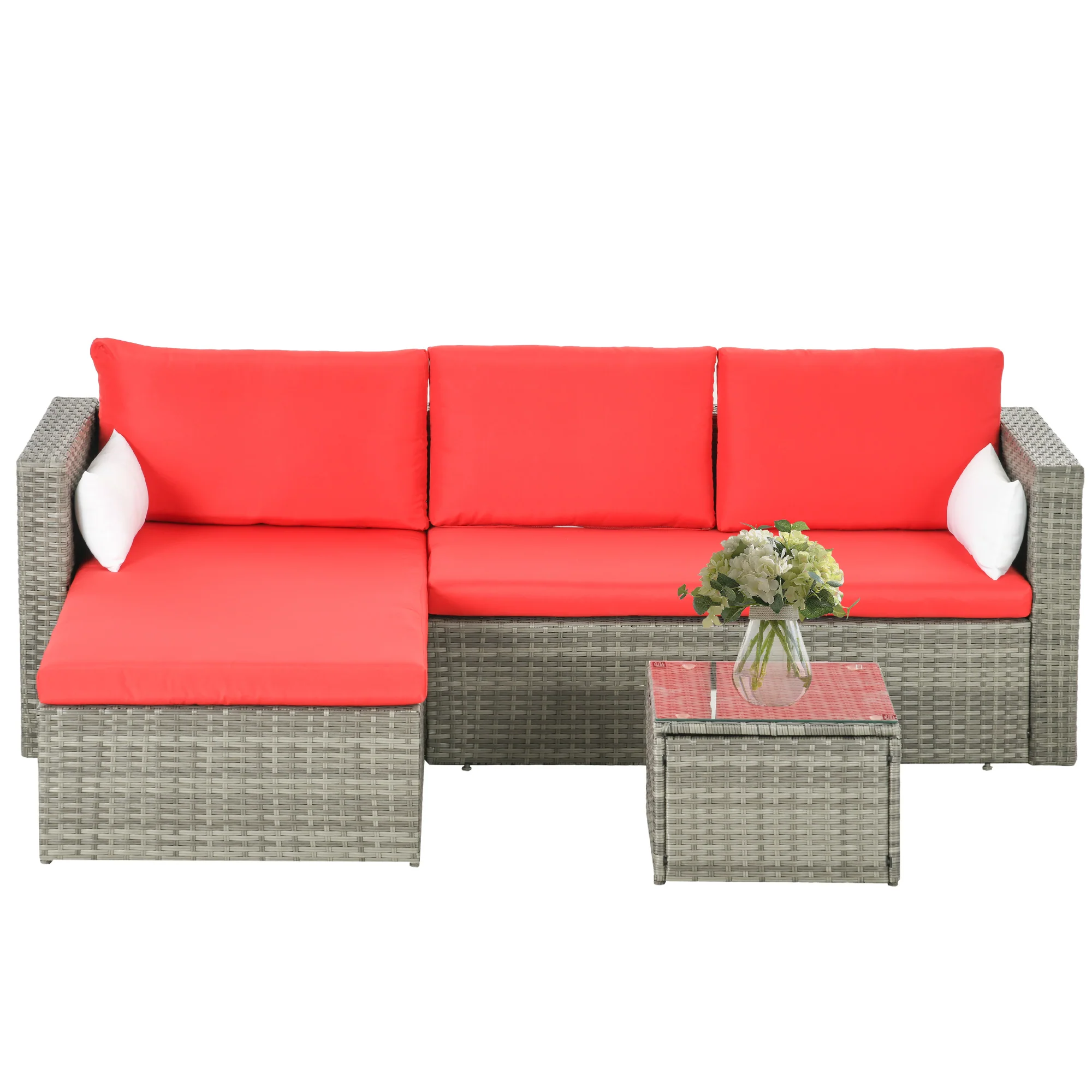 3pcs Modern Rattan Sofa Set, Wicker Patio Furniture Set with Coffee Table, Pillows, Red - Image 12