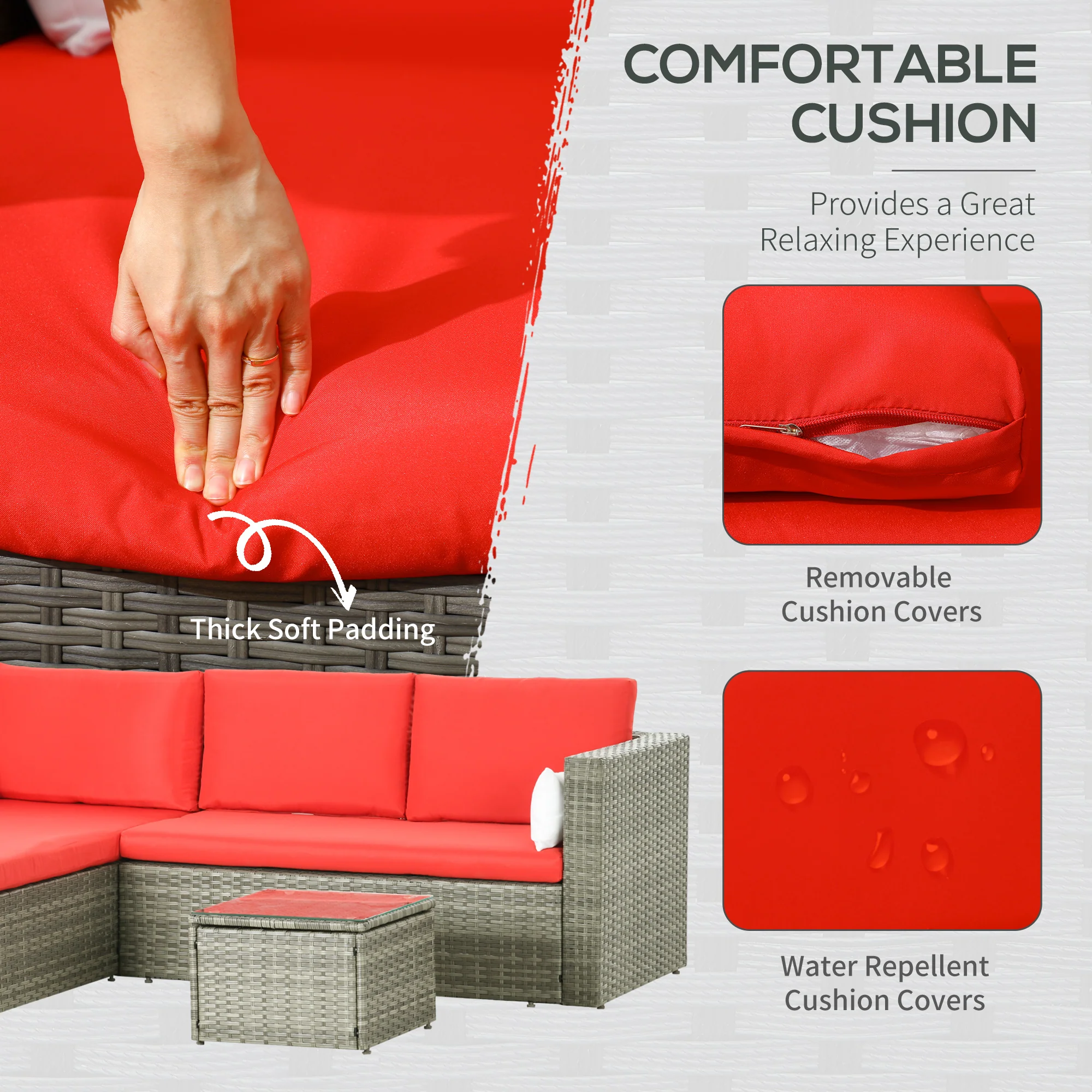 3pcs Modern Rattan Sofa Set, Wicker Patio Furniture Set with Coffee Table, Pillows, Red - Image 7