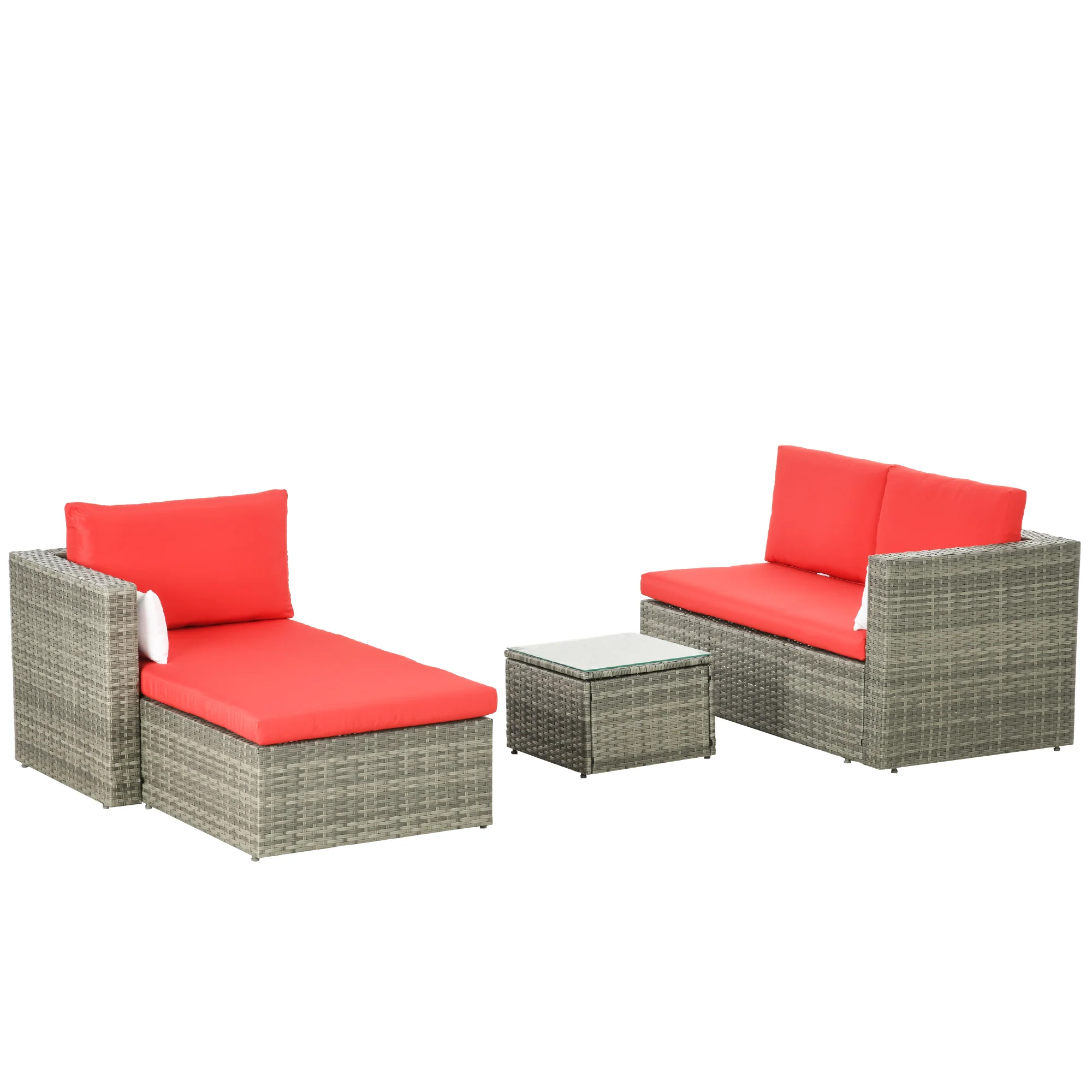3pcs Modern Rattan Sofa Set, Wicker Patio Furniture Set with Coffee Table, Pillows, Red - Image 9