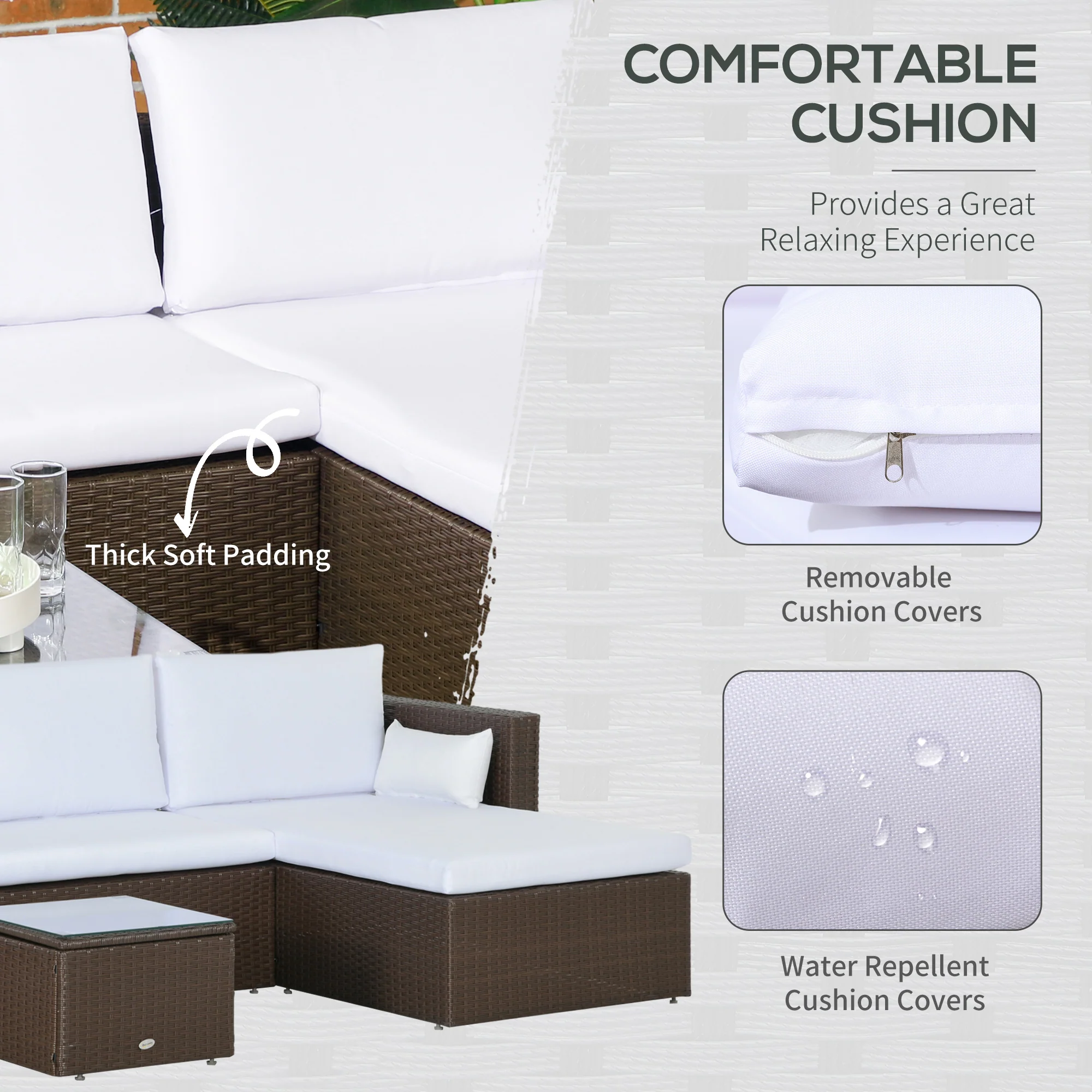 3pcs Modern Rattan Sofa Set, Wicker Patio Furniture Set with Coffee Table, Pillows, White - Image 7