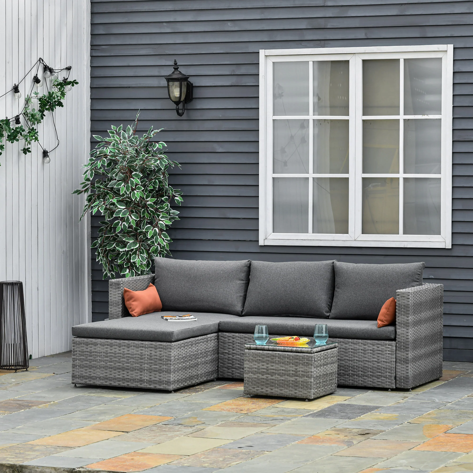 3pcs Modern Rattan Sofa Set, Wicker Patio Furniture Set with Coffee Table, Pillows, Grey - Image 3