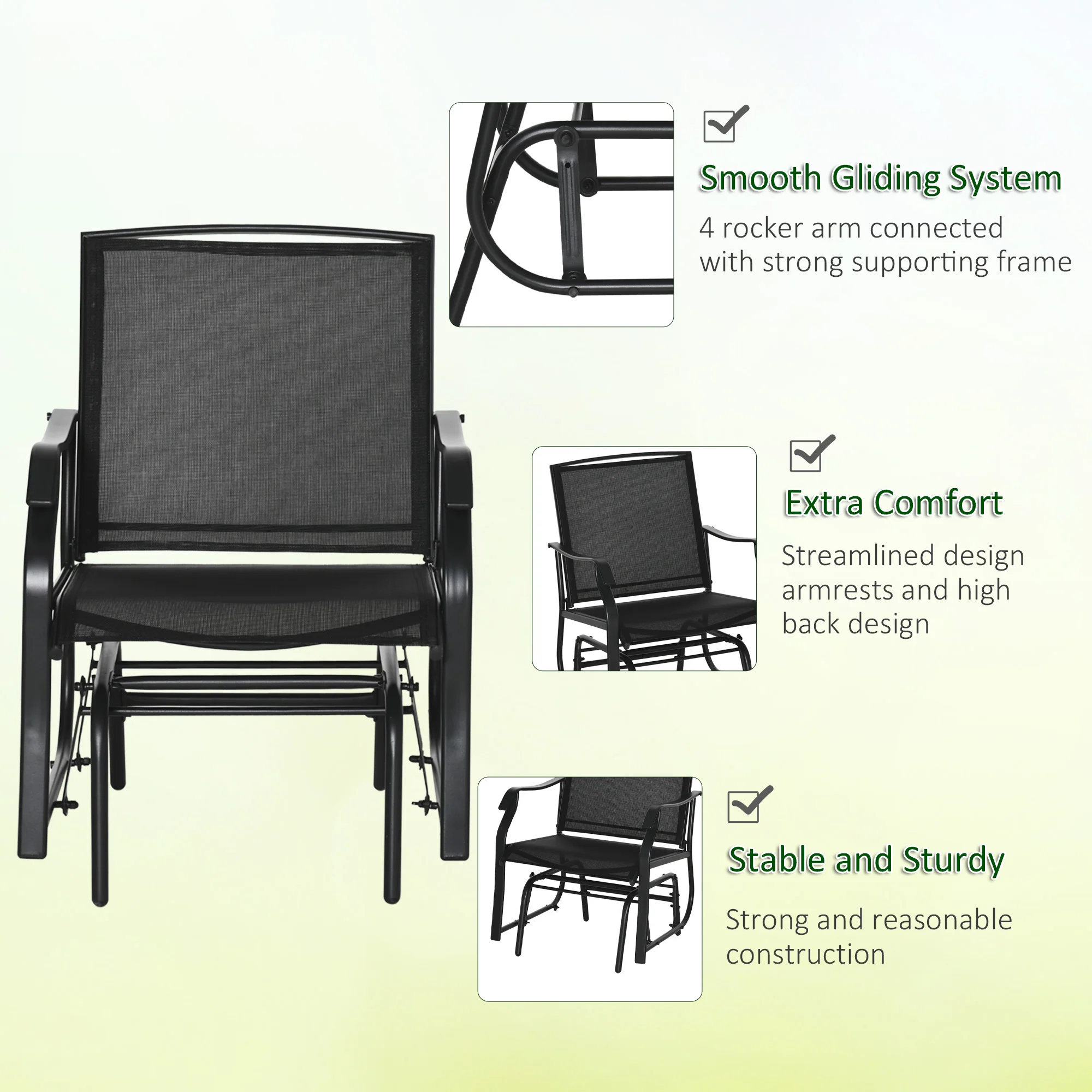 3 Piece Patio Glider Set with Breathable Mesh Seat & Glass Top Table, Black - Image 7