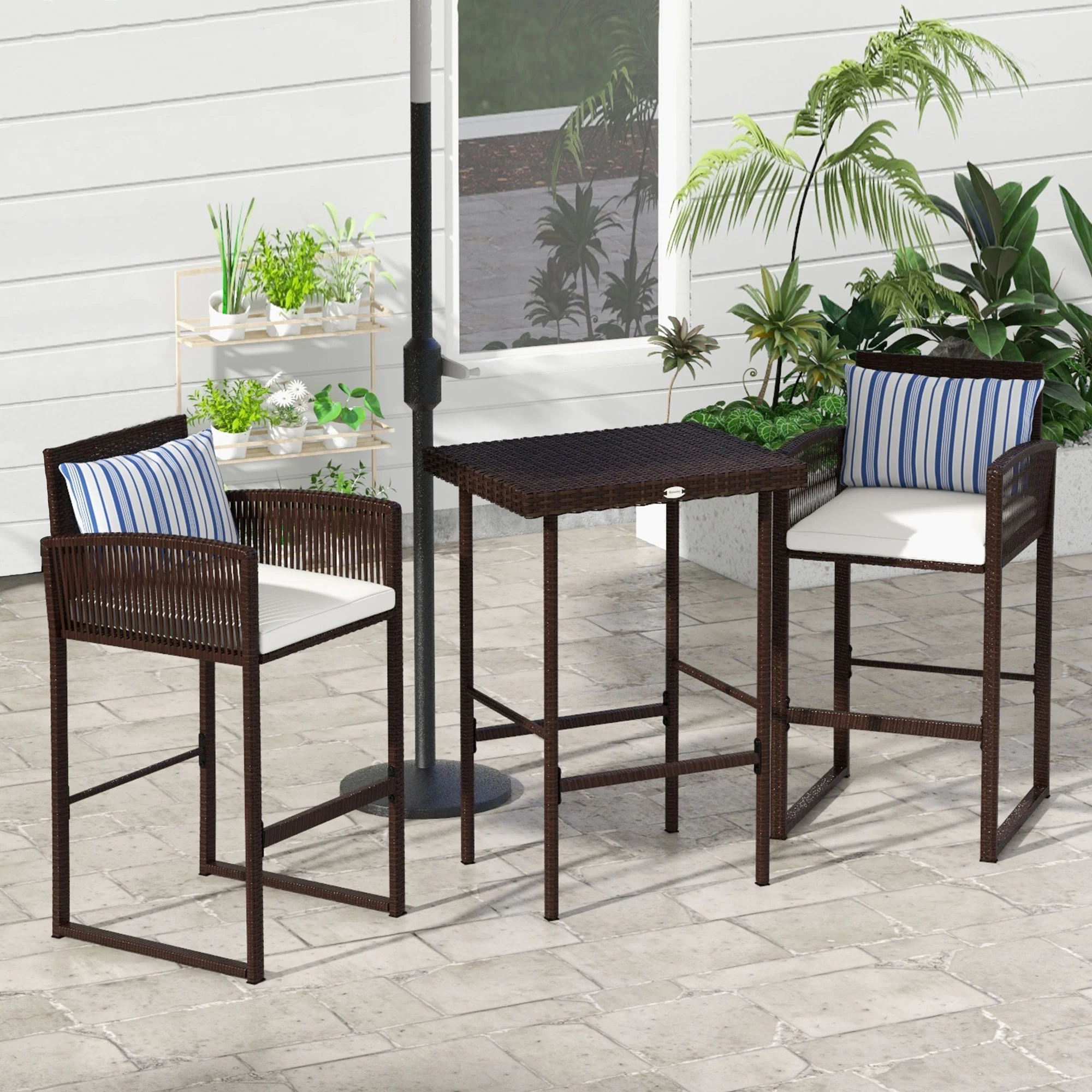 3 PC  PE Rattan Wicker Patio Bar with 2 Chairs & Bar Height Table, Cushions & 2 Pillows, White - Image 9