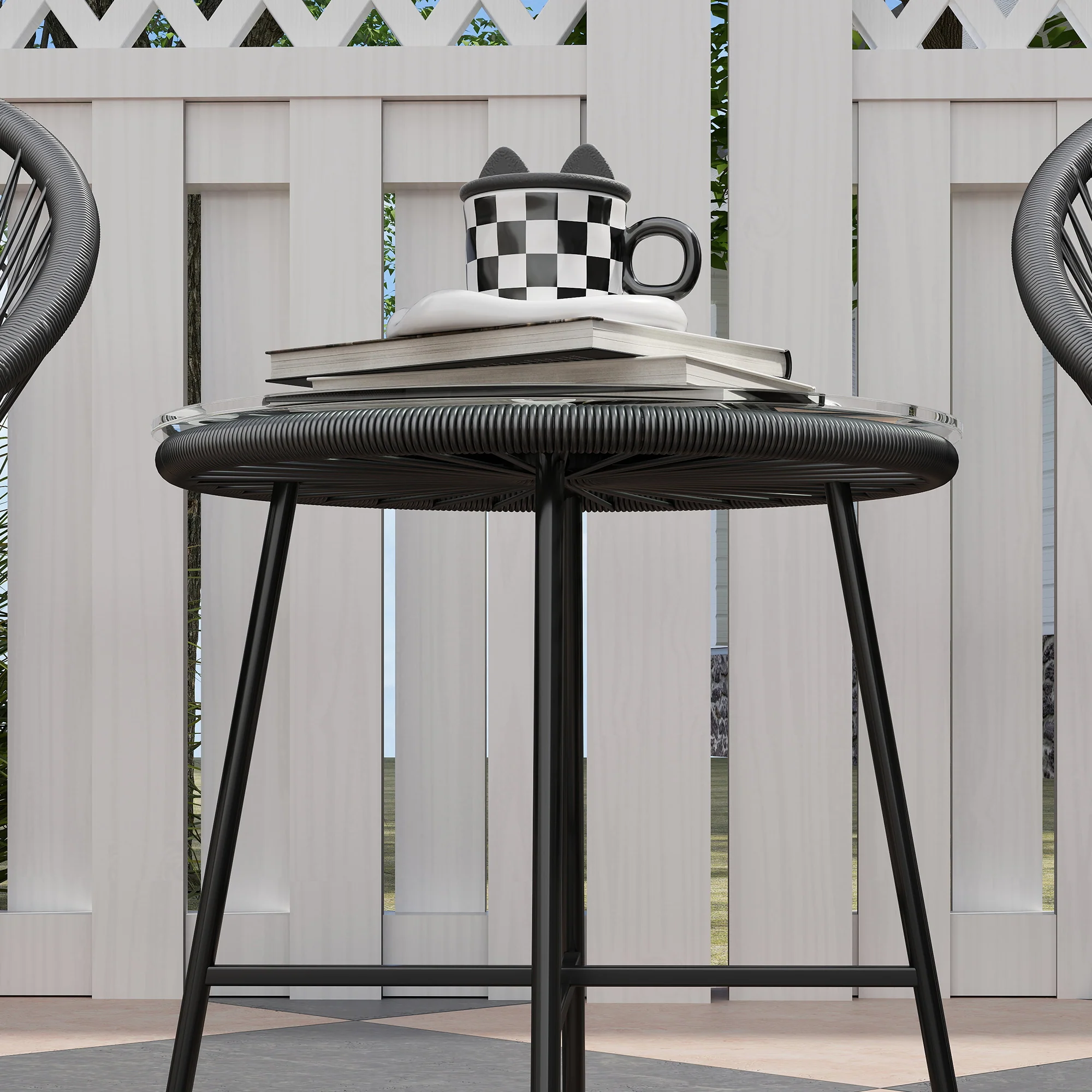 3 Piece Wicker Patio Furniture Set w/ Soft Seat Cushions, Tempered Glass Tabletop, Black - Image 11
