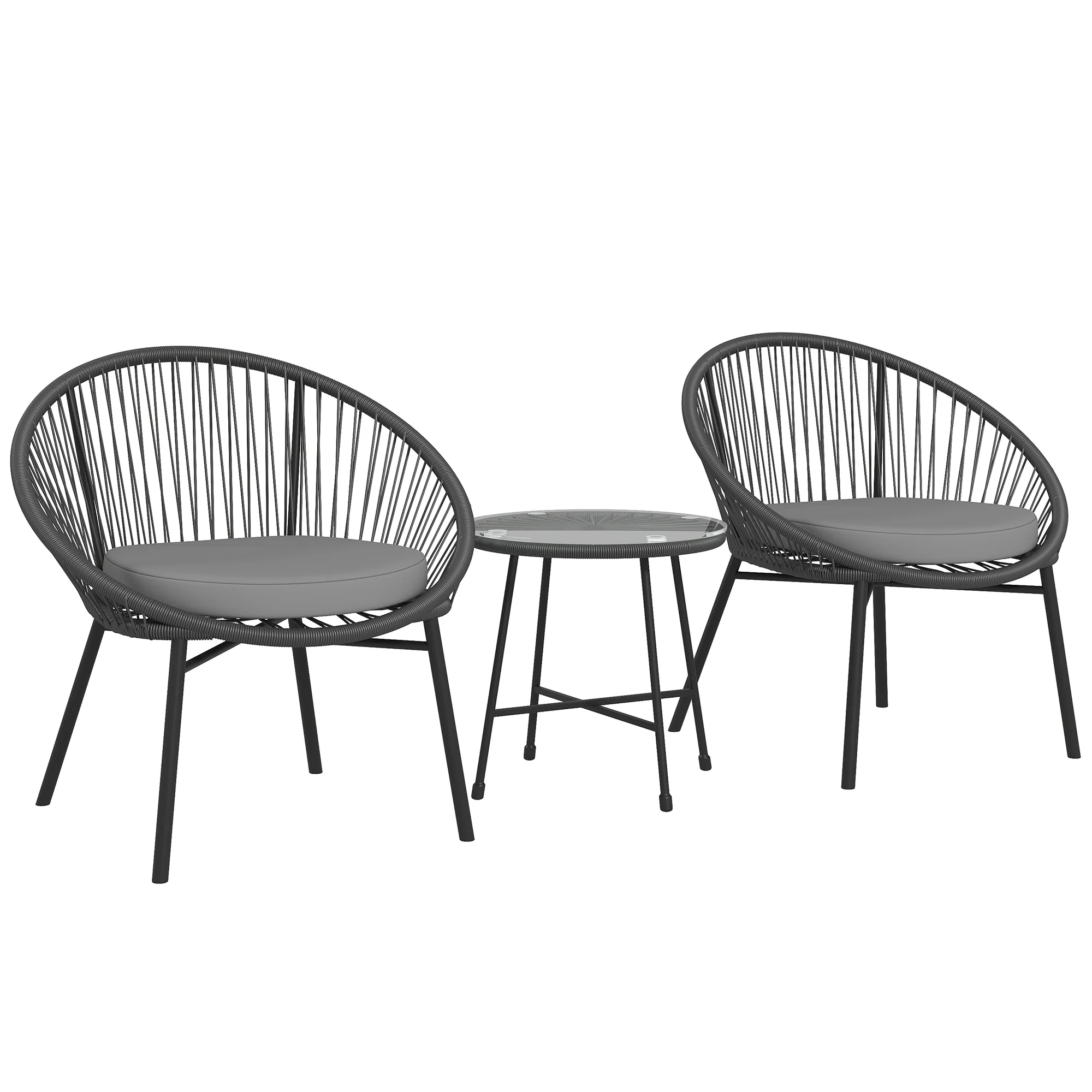 3 Piece Wicker Patio Furniture Set w/ Soft Seat Cushions, Tempered Glass Tabletop, Black - Image 2
