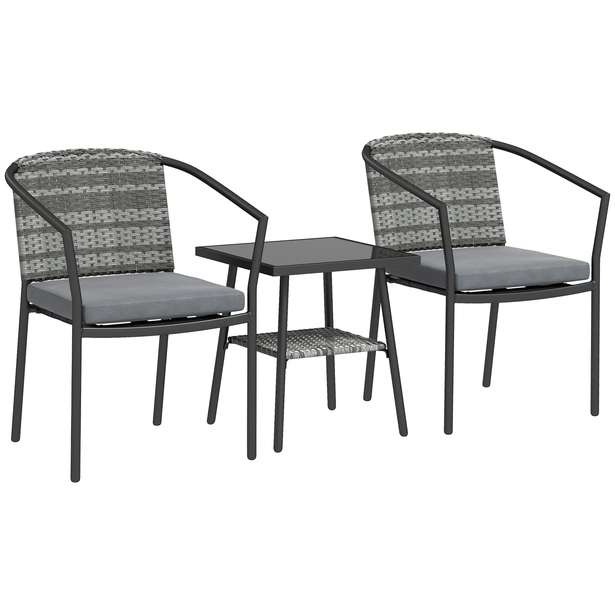 Outdoor Bistro Set, 3 Piece Wicker Patio Furniture Set with Armchairs, 2-Tier Glass Table, Cushions, Dark Grey - Image 12
