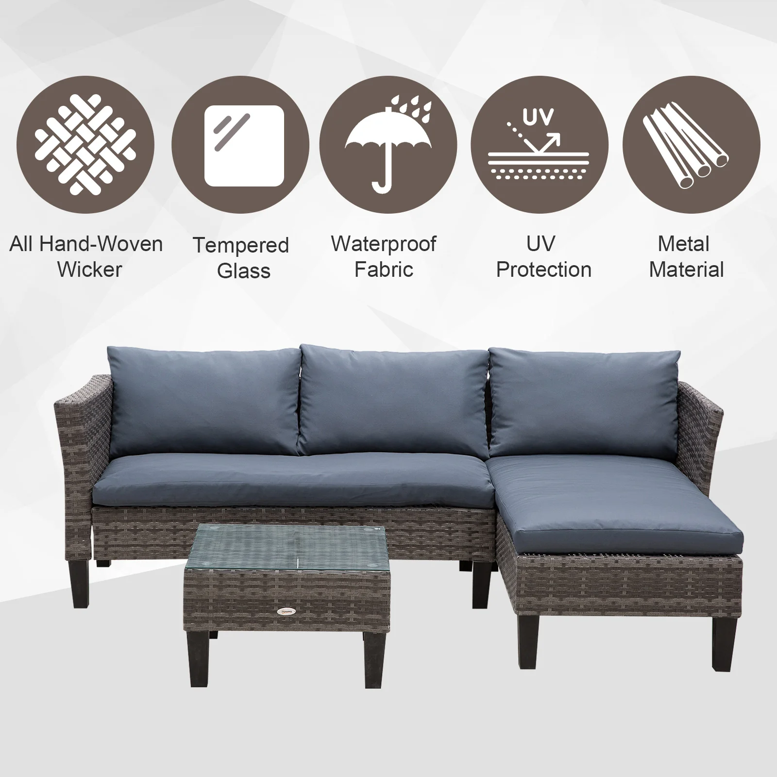 3 Piece Wicker Patio Furniture Set with Glass Tabletop, Cushions & Metal Frame, Grey - Image 9